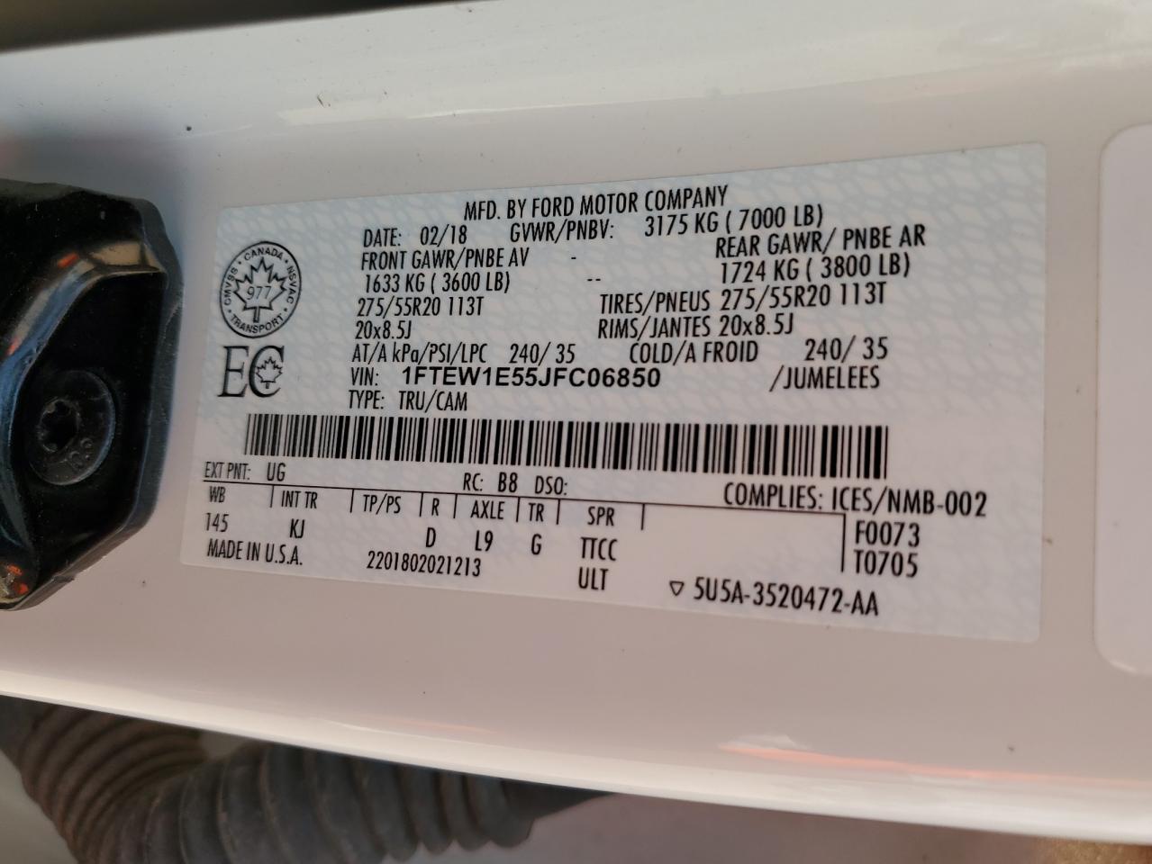 2018 Ford F150 Supercrew VIN: 1FTEW1E55JFC06850 Lot: 63561534