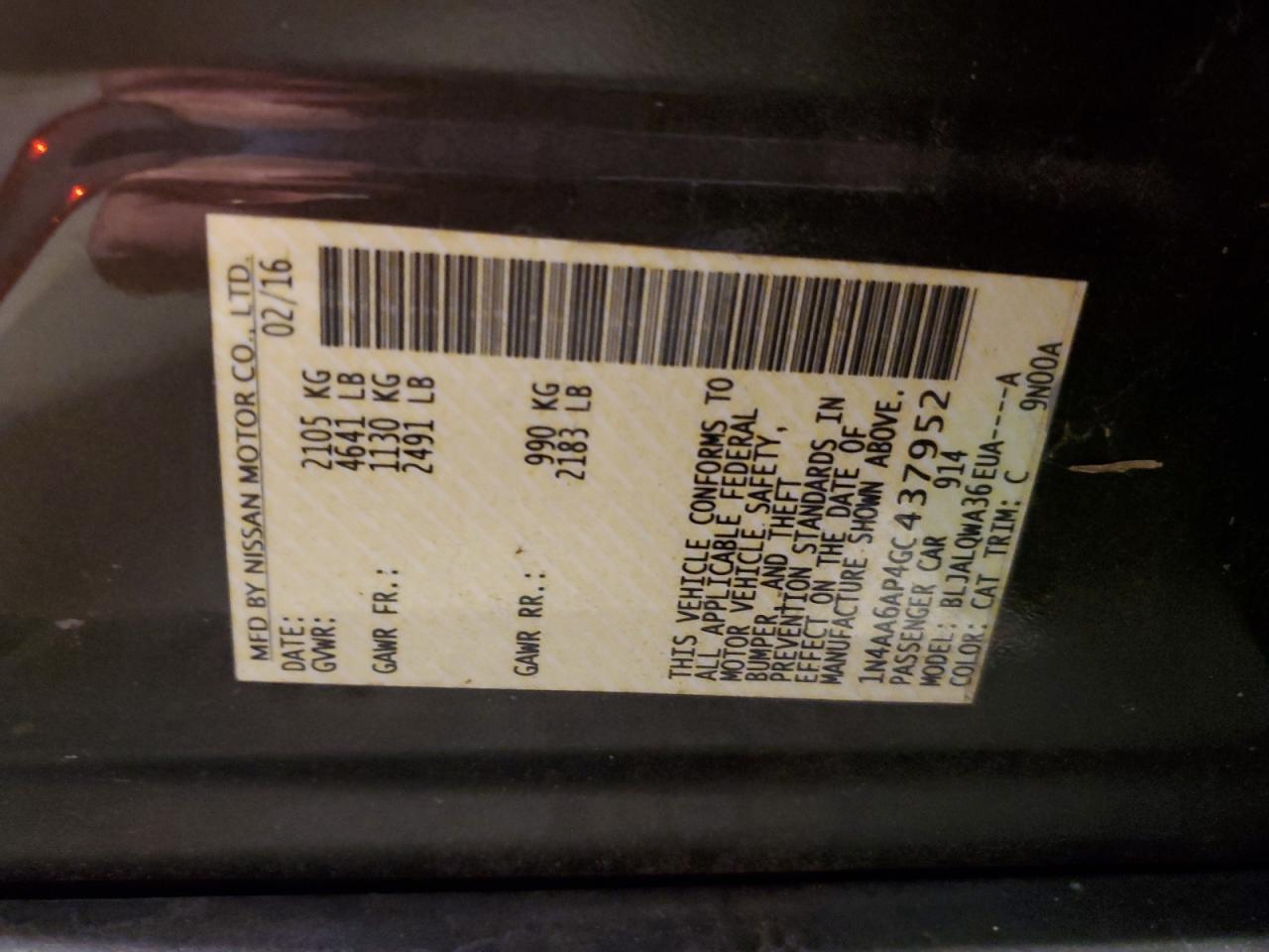 2016 Nissan Maxima 3.5S VIN: 1N4AA6AP4GC437952 Lot: 61984424