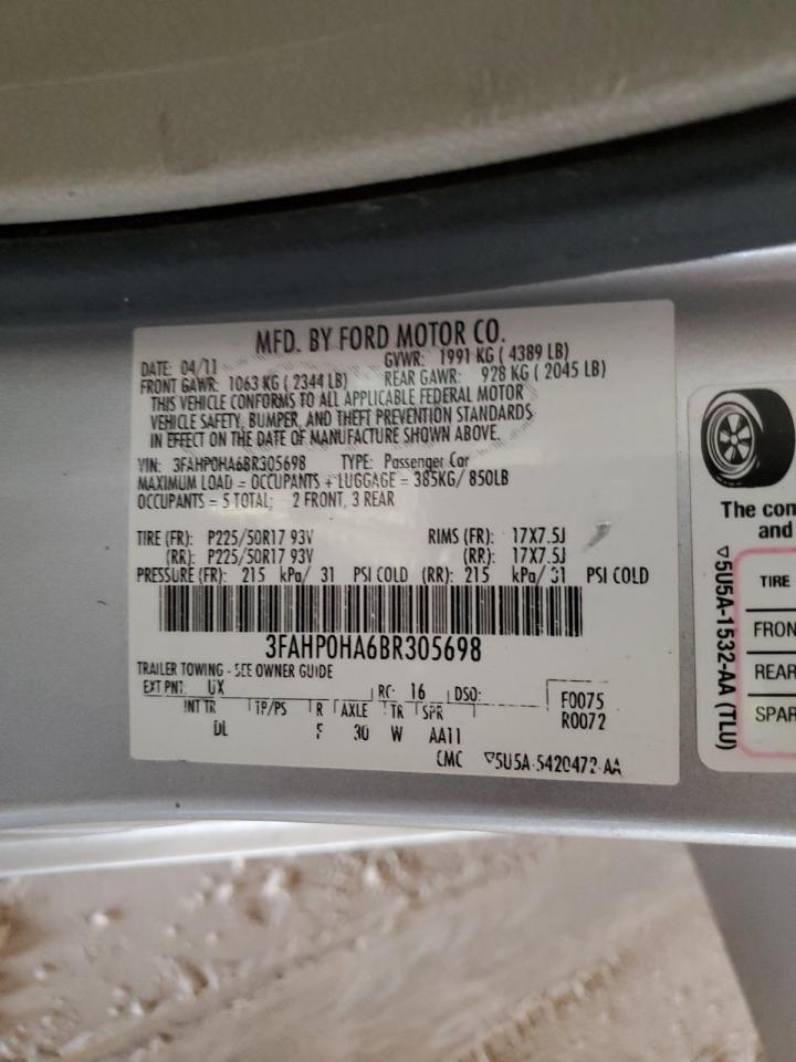 2011 Ford Fusion Se VIN: 3FAHP0HA6BR305698 Lot: 65252874