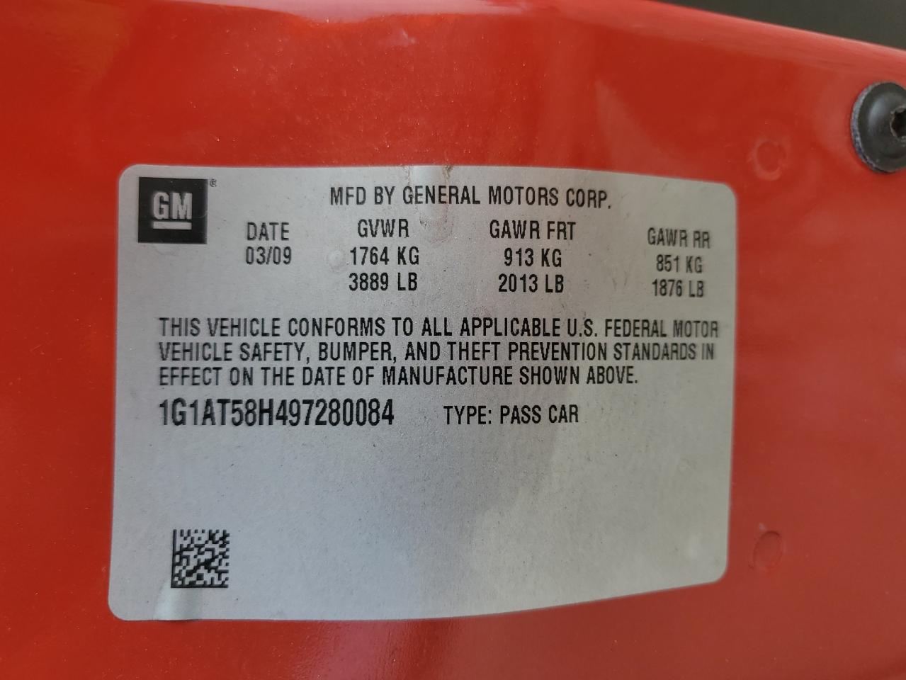 2009 Chevrolet Cobalt Lt VIN: 1G1AT58H497280084 Lot: 63151194