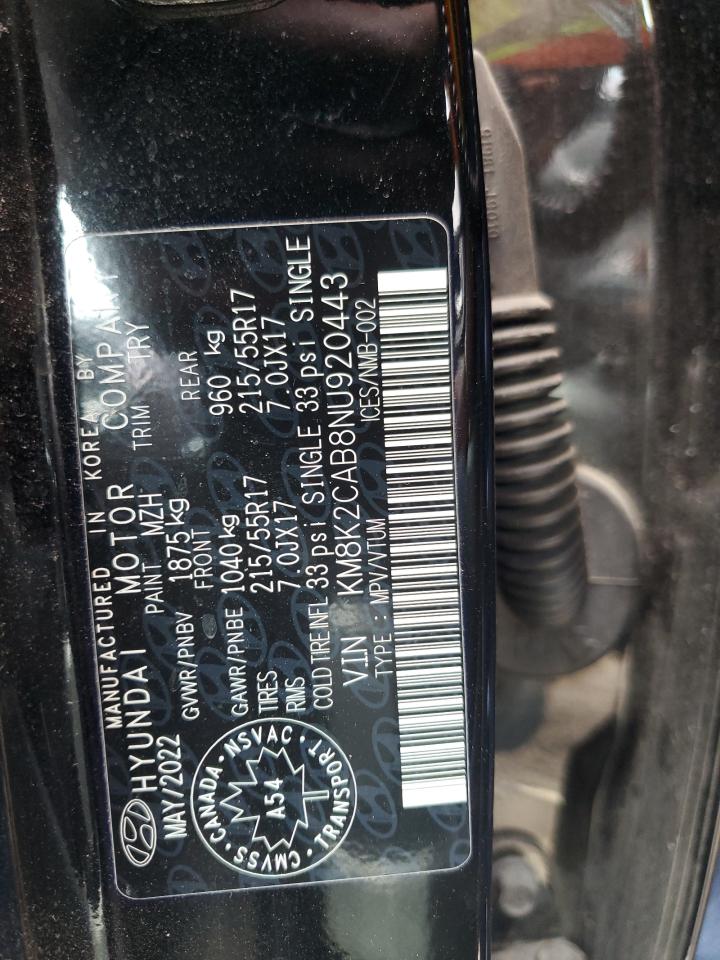 2022 Hyundai Kona Sel VIN: KM8K2CAB8NU920443 Lot: 62226494