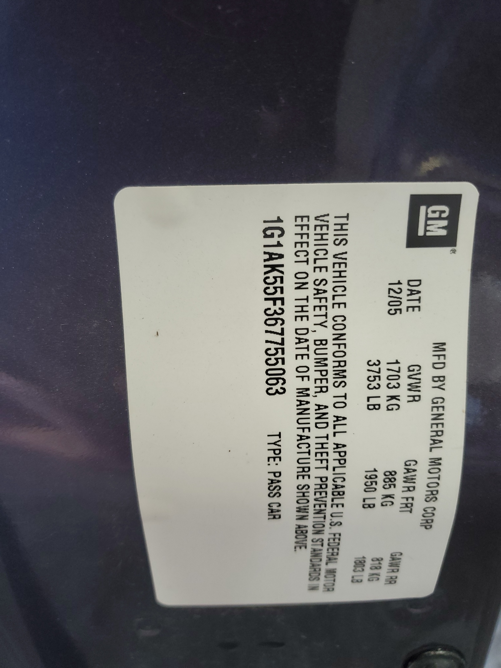 1G1AK55F367755063 2006 Chevrolet Cobalt Ls