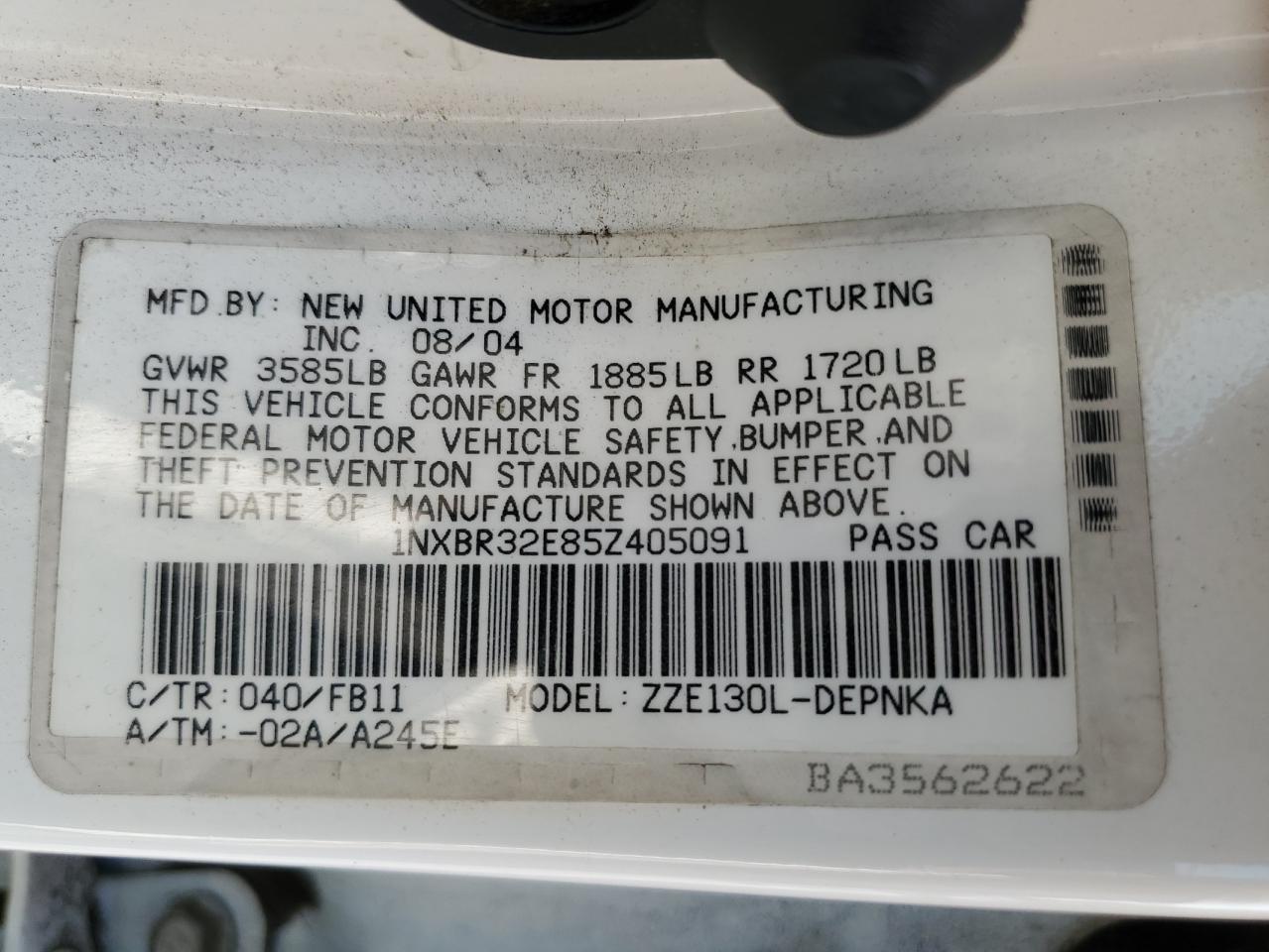 2005 Toyota Corolla Ce VIN: 1NXBR32E85Z405091 Lot: 62844484