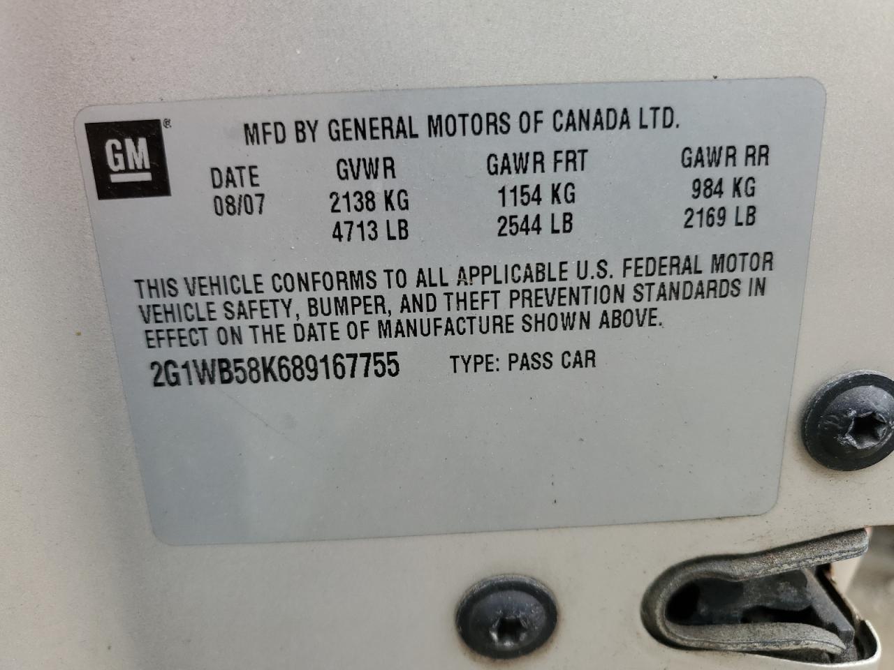 2008 Chevrolet Impala Ls VIN: 2G1WB58K689167755 Lot: 63805724