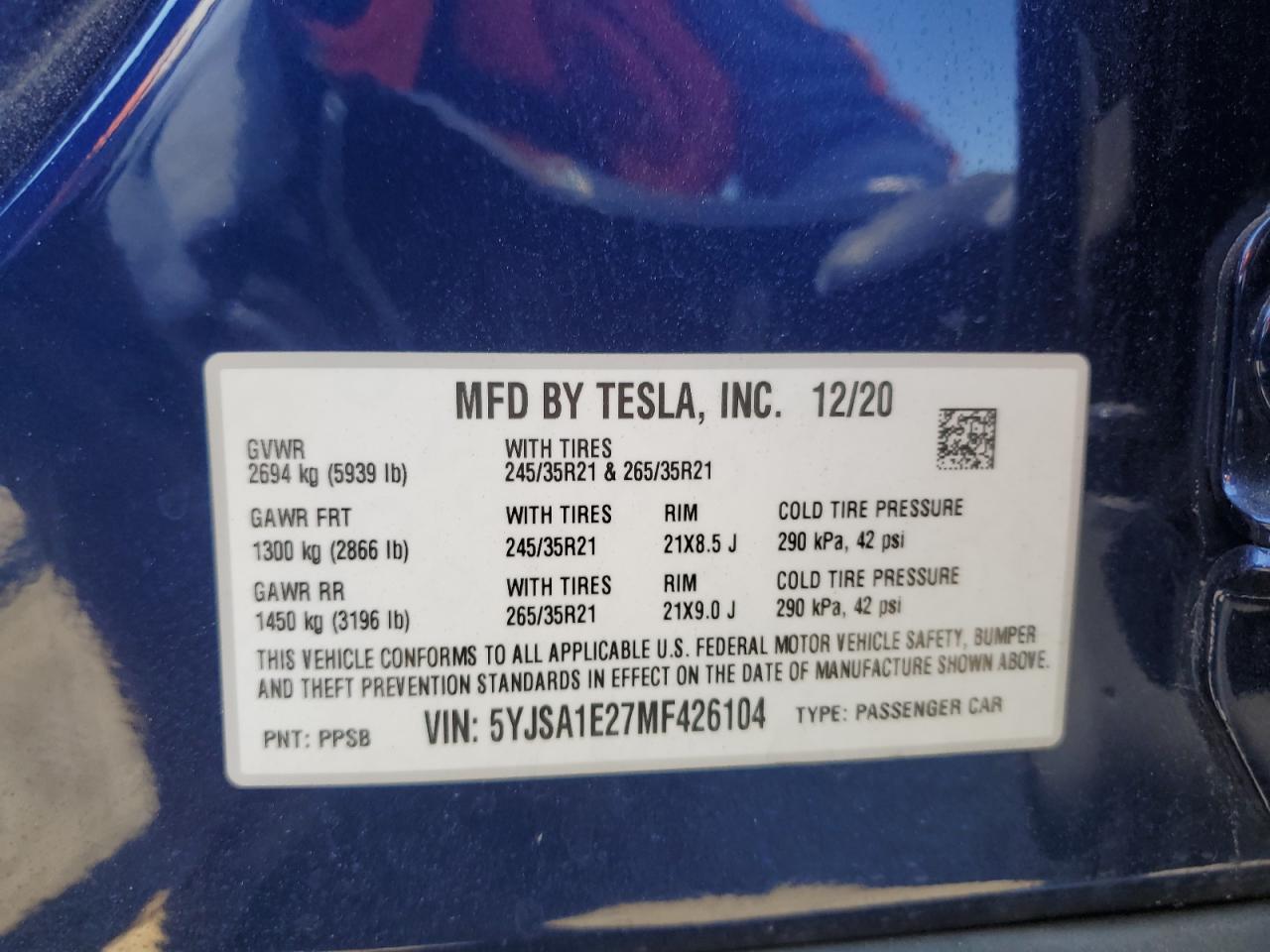 5YJSA1E27MF426104 2021 Tesla Model S