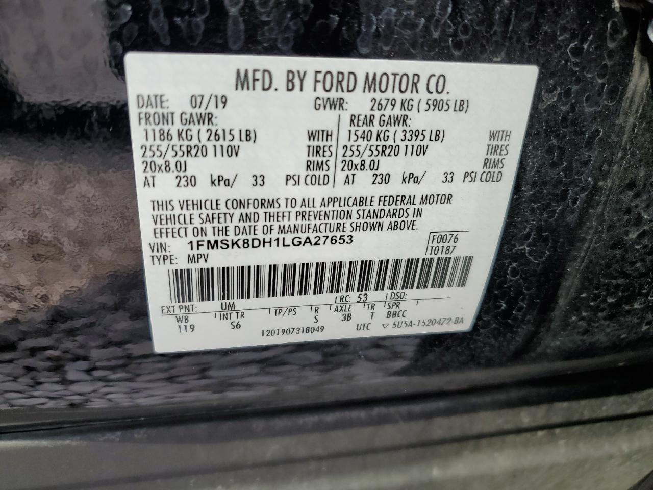 1FMSK8DH1LGA27653 2020 Ford Explorer Xlt