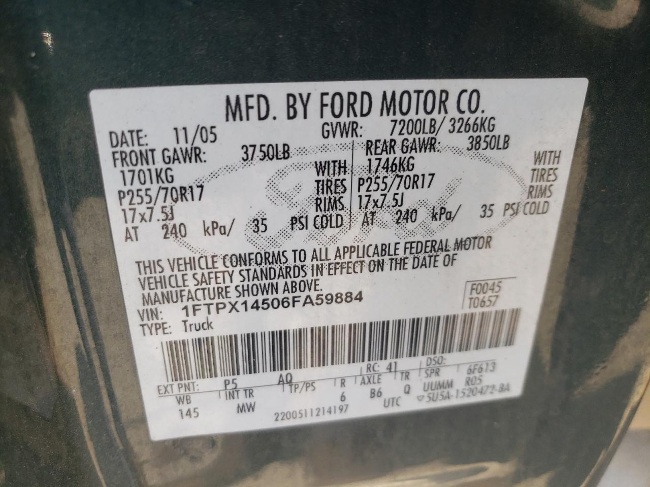 2006 Ford F150 VIN: 1FTPX14506FA59884 Lot: 62644044