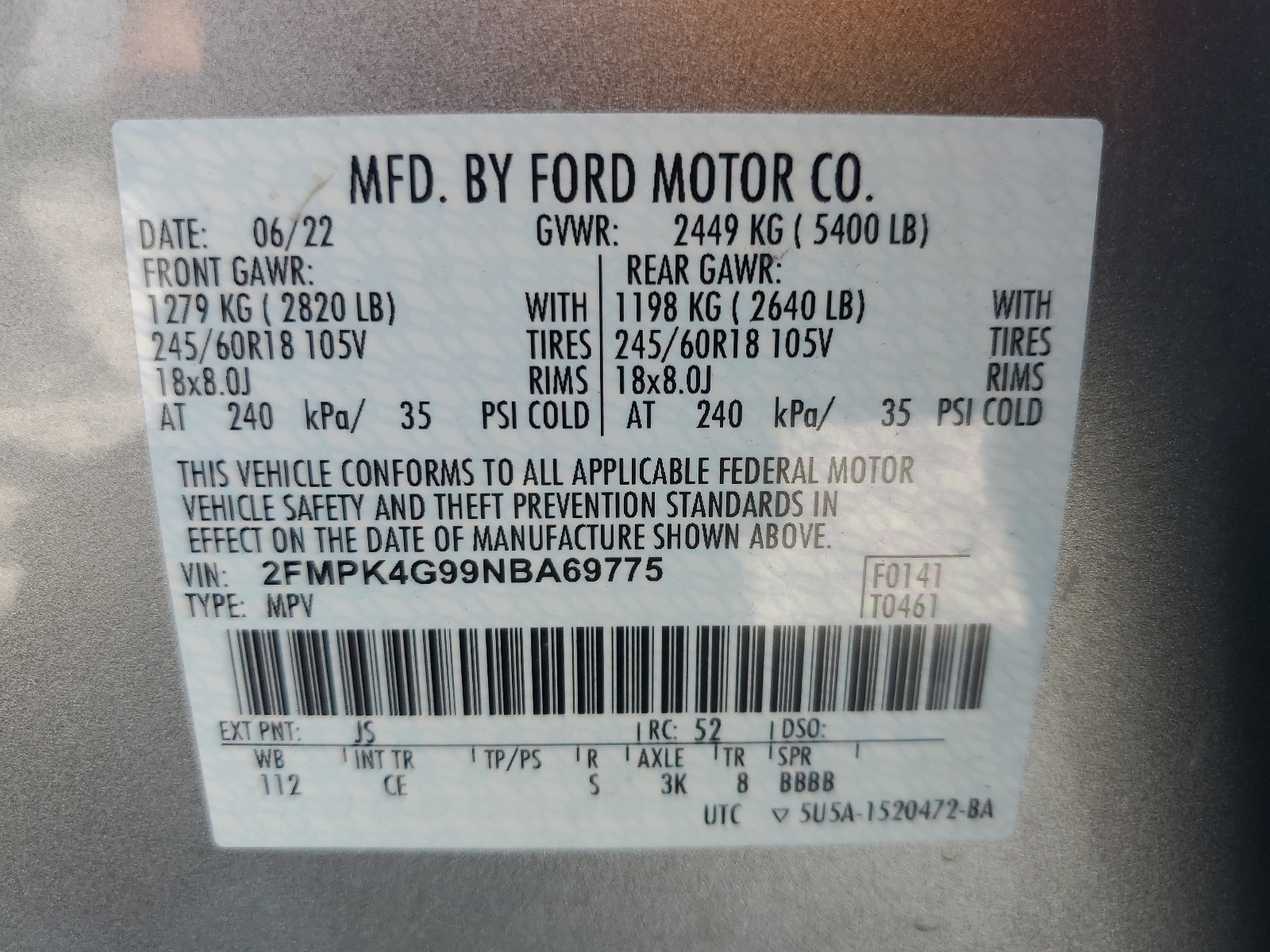 2FMPK4G99NBA69775 2022 Ford Edge Se