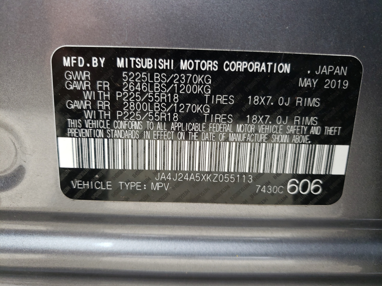 JA4J24A5XKZ055113 2019 Mitsubishi Outlander Sel