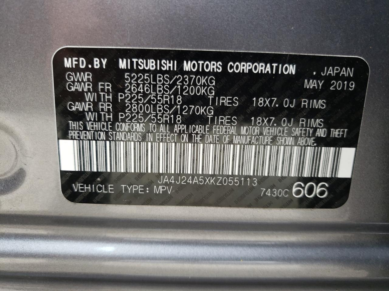 2019 Mitsubishi Outlander Sel VIN: JA4J24A5XKZ055113 Lot: 62478784