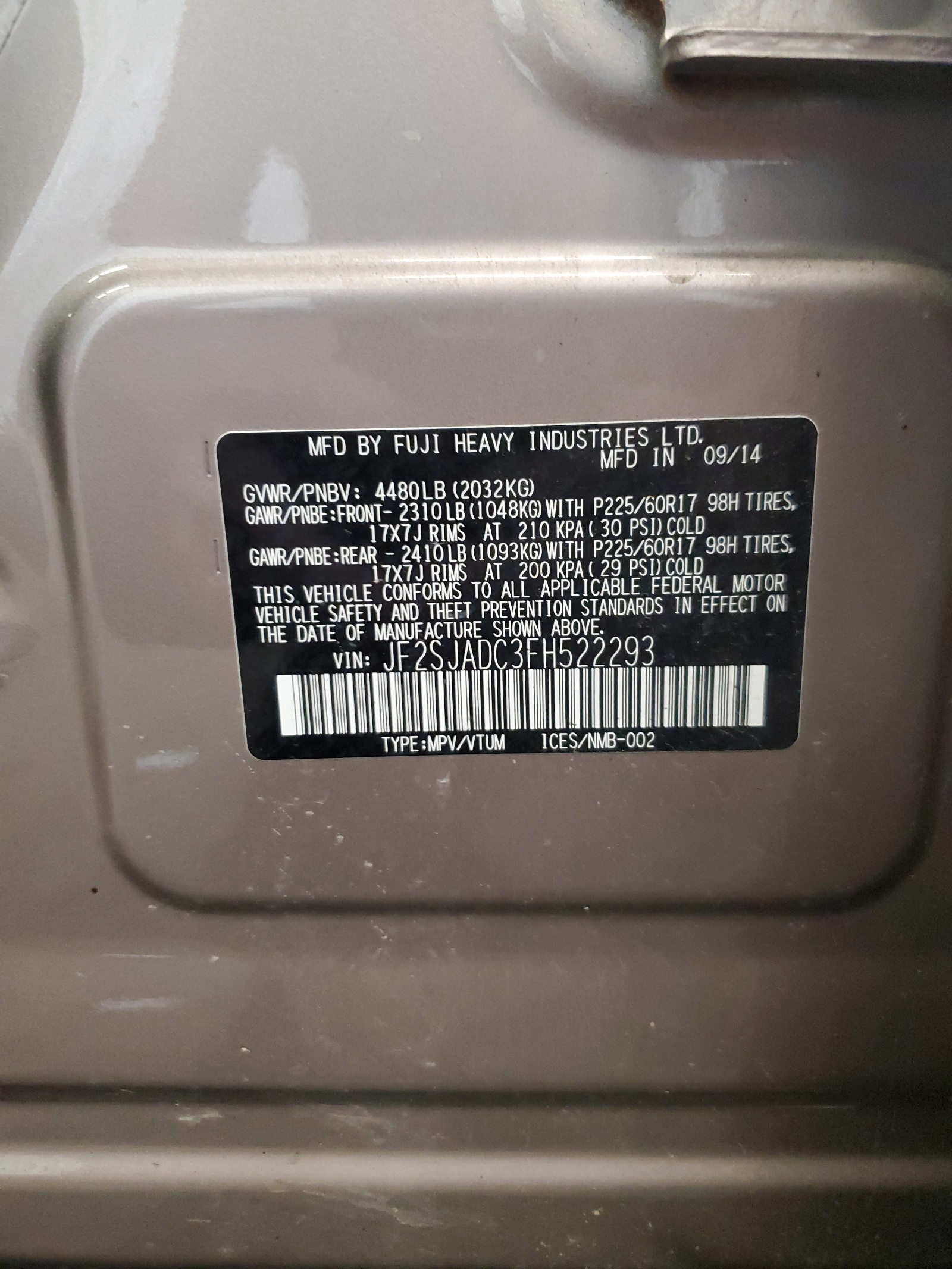 JF2SJADC3FH522293 2015 Subaru Forester 2.5I Premium