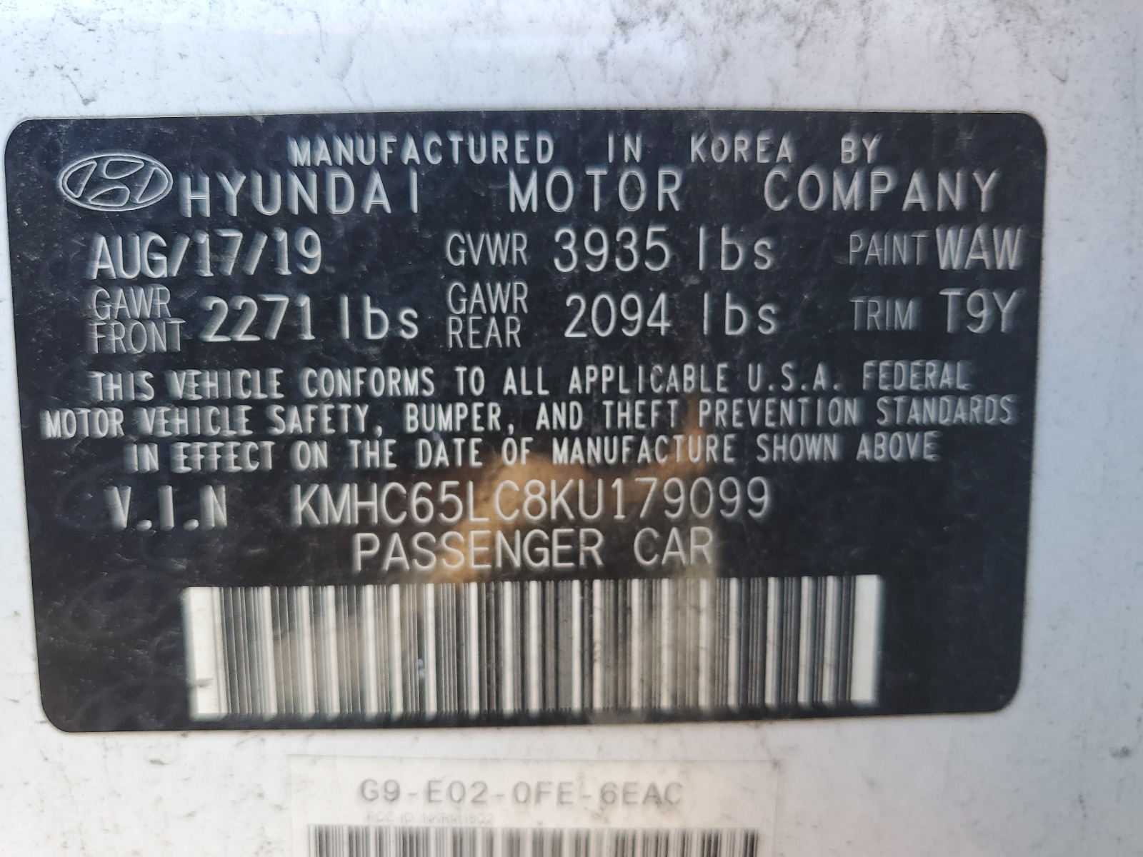 KMHC65LC8KU179099 2019 Hyundai Ioniq Blue