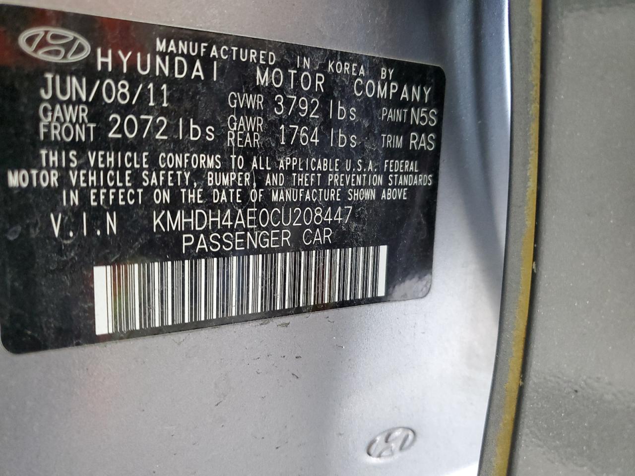 KMHDH4AE0CU208447 2012 Hyundai Elantra Gls