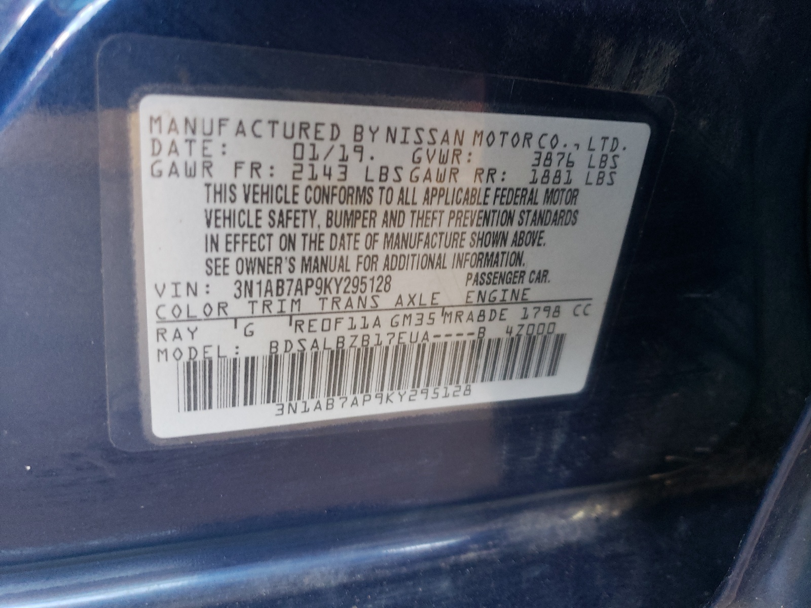 3N1AB7AP9KY295128 2019 Nissan Sentra S
