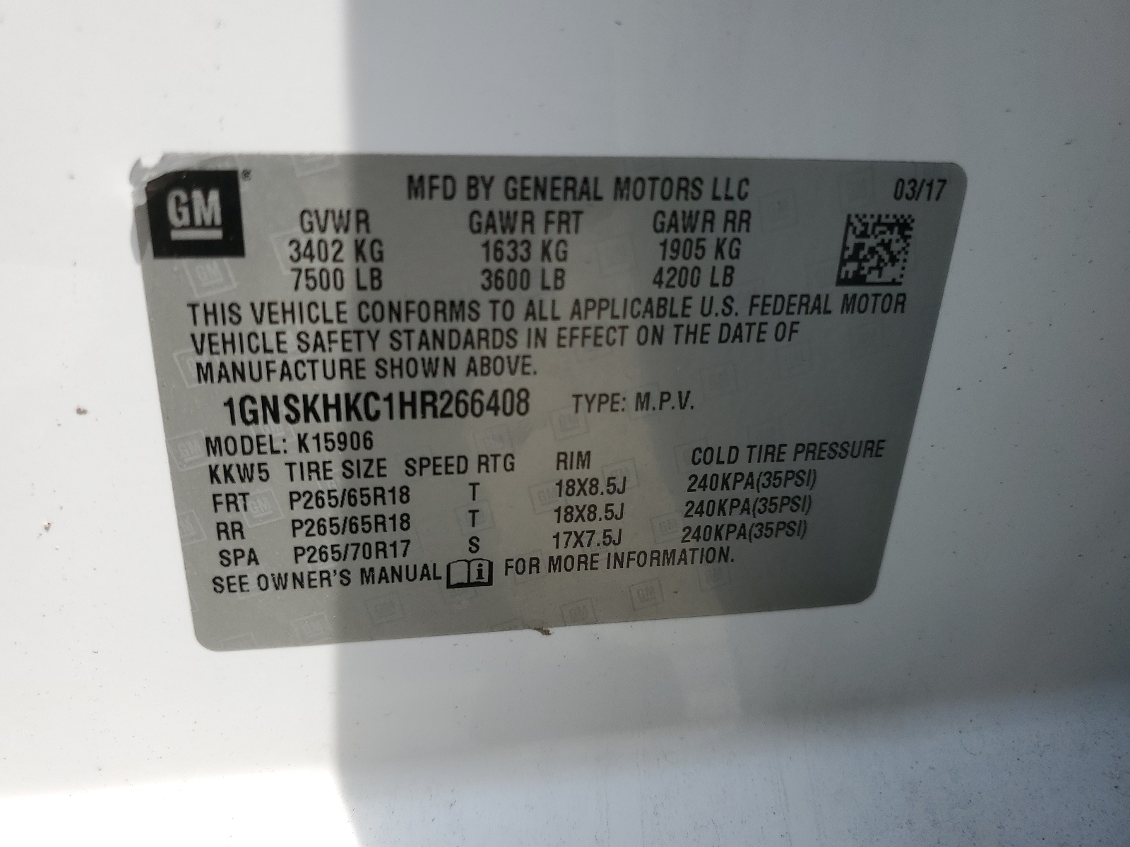 1GNSKHKC1HR266408 2017 Chevrolet Suburban K1500 Lt