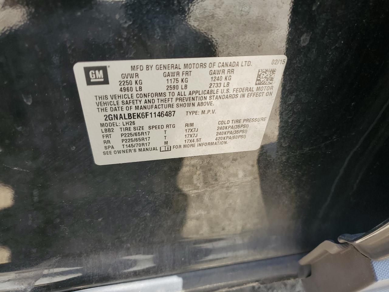 2015 Chevrolet Equinox Lt VIN: 2GNALBEK6F1146487 Lot: 62794234