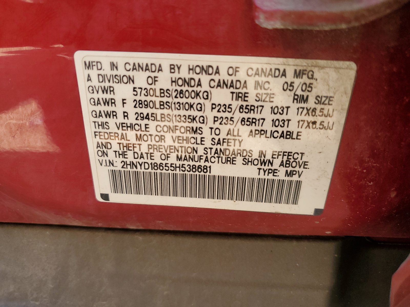 2HNYD18655H538681 2005 Acura Mdx Touring