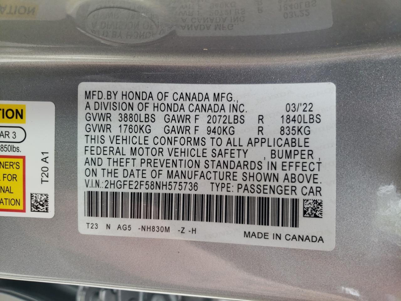 2HGFE2F58NH575736 2022 Honda Civic Sport