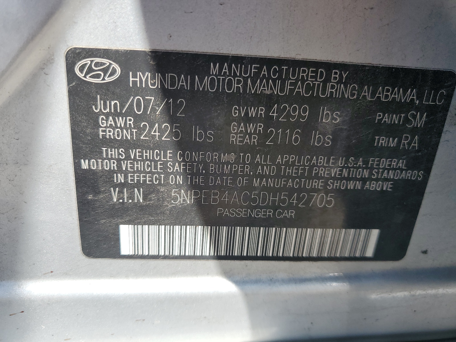 5NPEB4AC5DH542705 2013 Hyundai Sonata Gls
