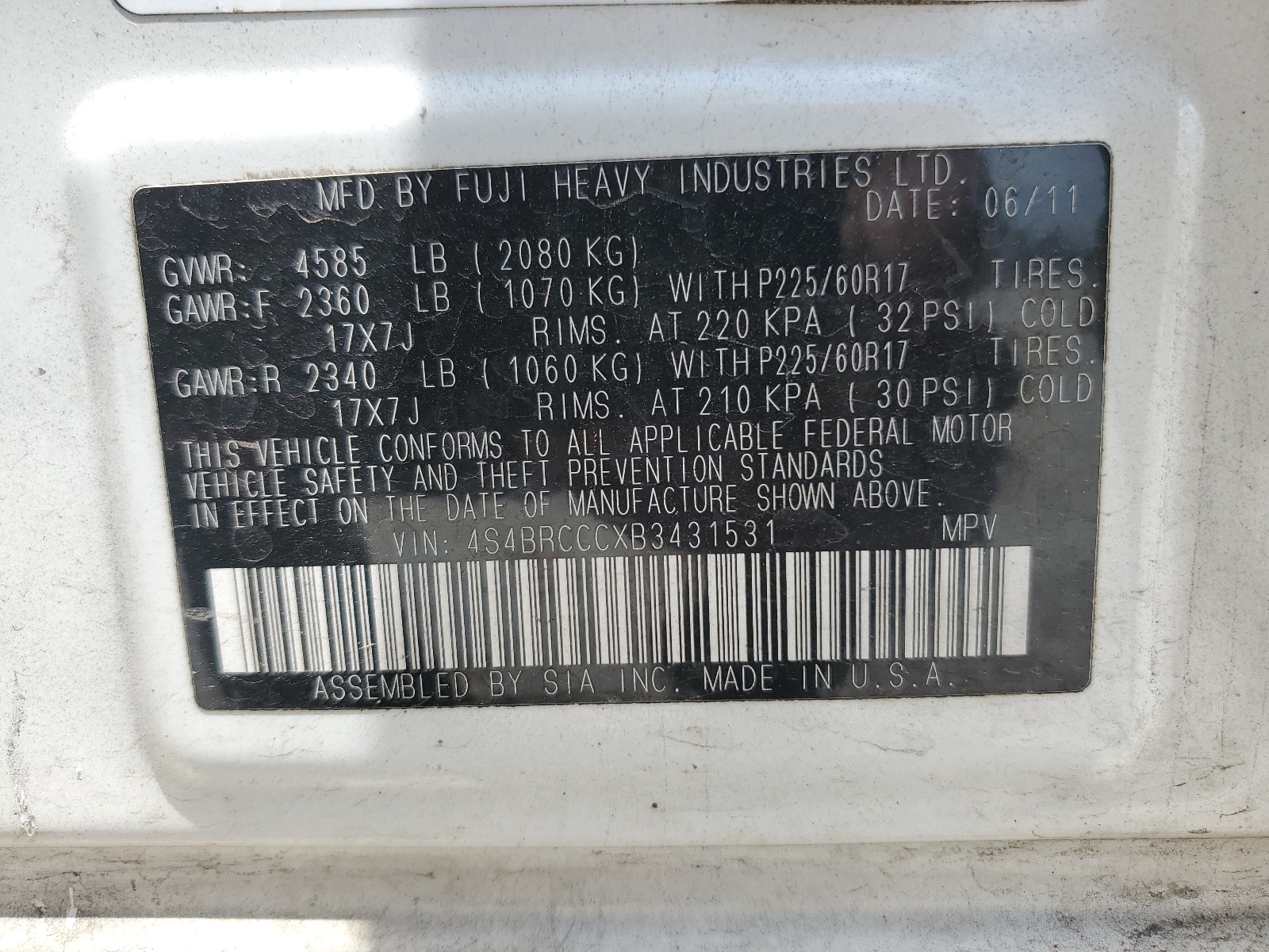 4S4BRCCCXB3431531 2011 Subaru Outback 2.5I Premium