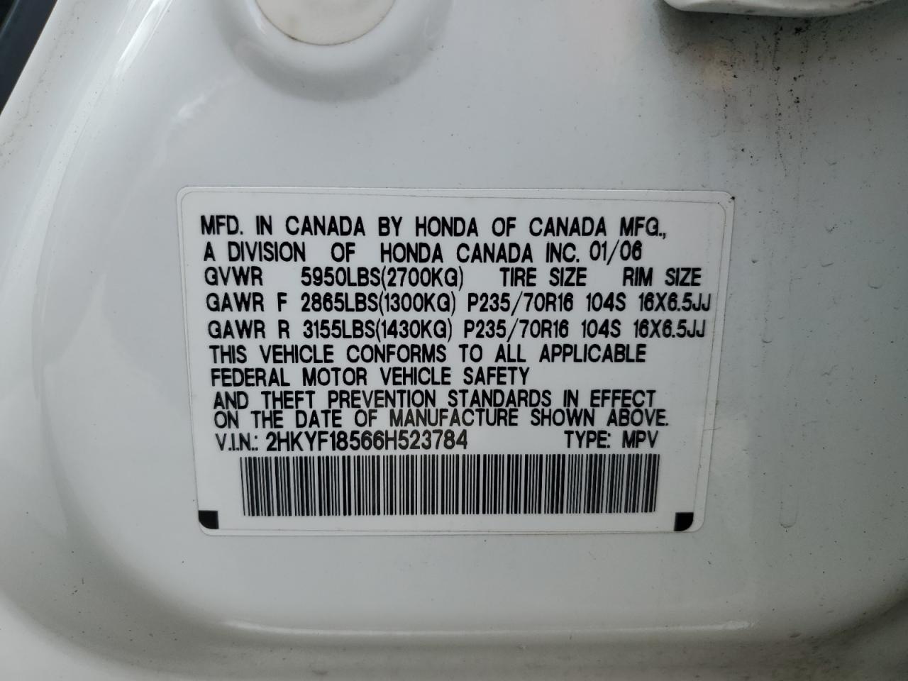 2006 Honda Pilot Ex VIN: 2HKYF18566H523784 Lot: 64394594