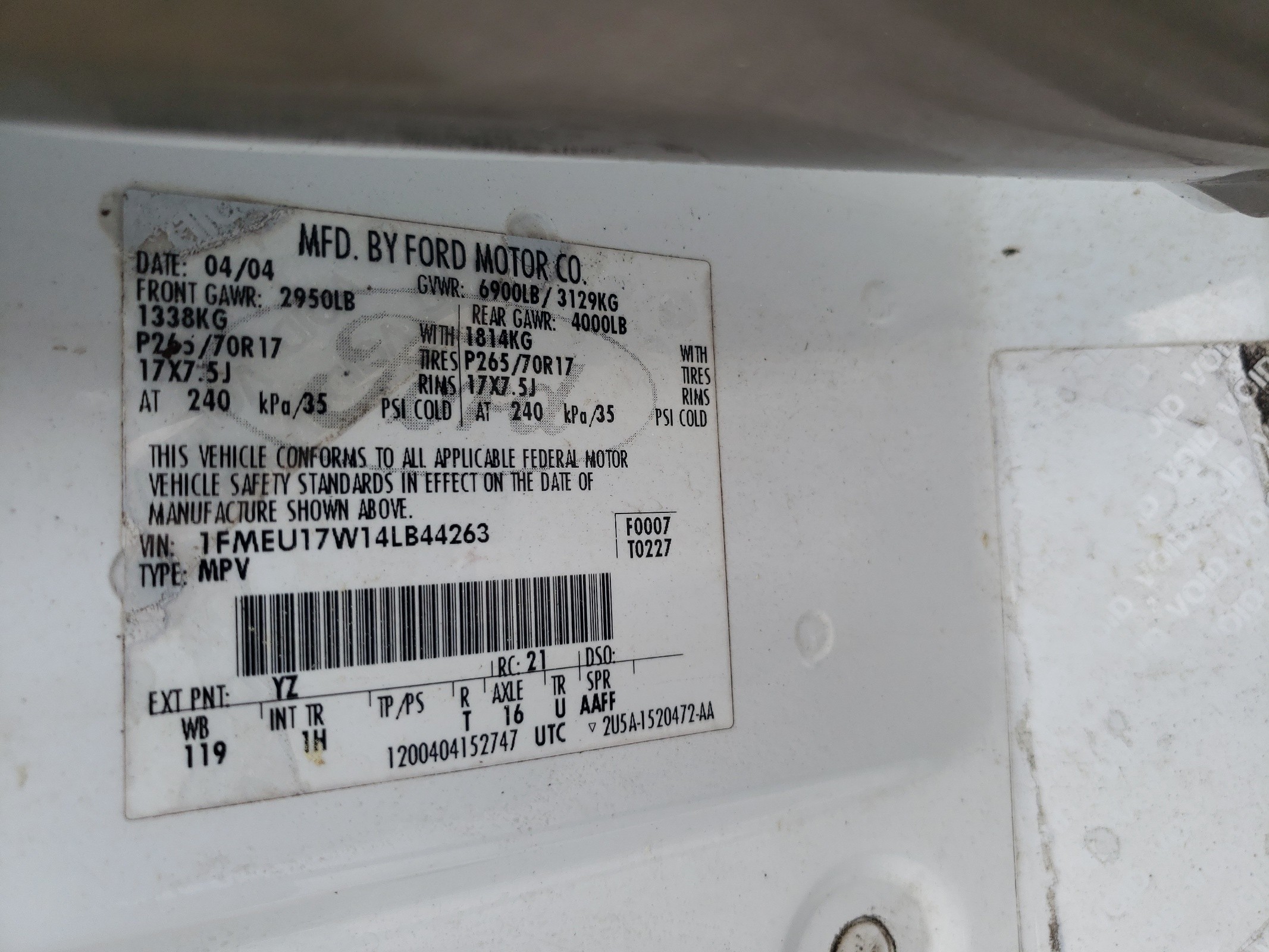 1FMEU17W14LB44263 2004 Ford Expedition Eddie Bauer