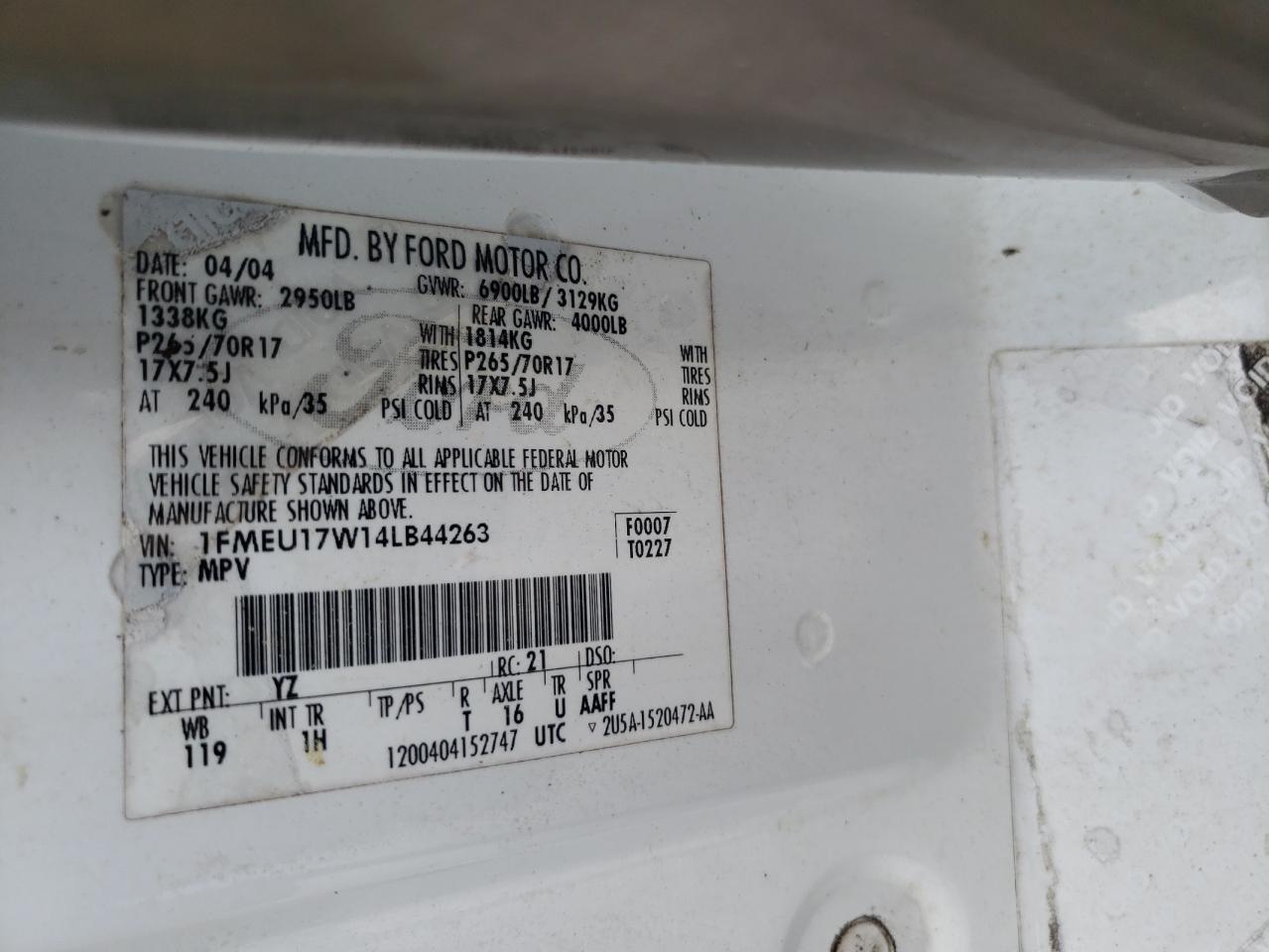 2004 Ford Expedition Eddie Bauer VIN: 1FMEU17W14LB44263 Lot: 64591014