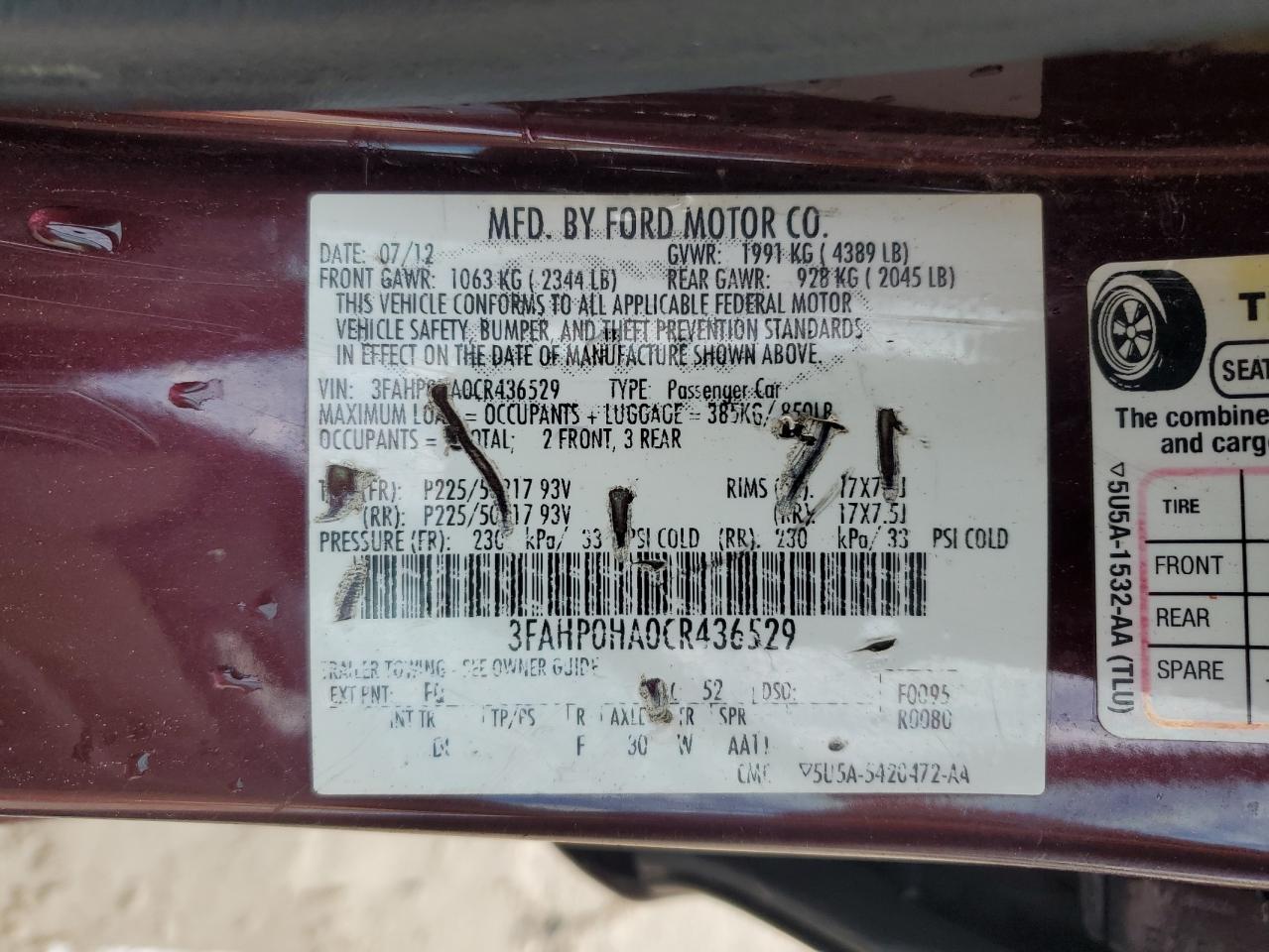 2012 Ford Fusion Se VIN: 3FAHP0HA0CR436529 Lot: 65185814