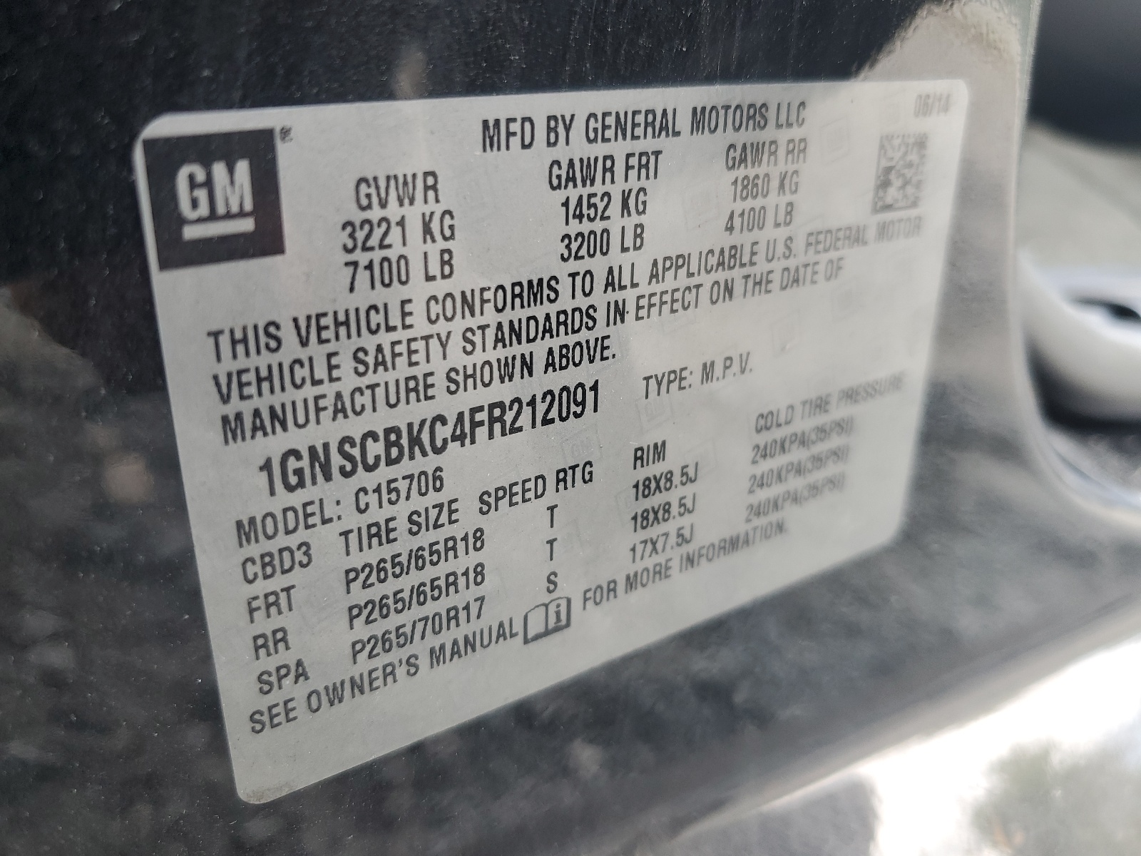 1GNSCBKC4FR212091 2015 Chevrolet Tahoe C1500 Lt