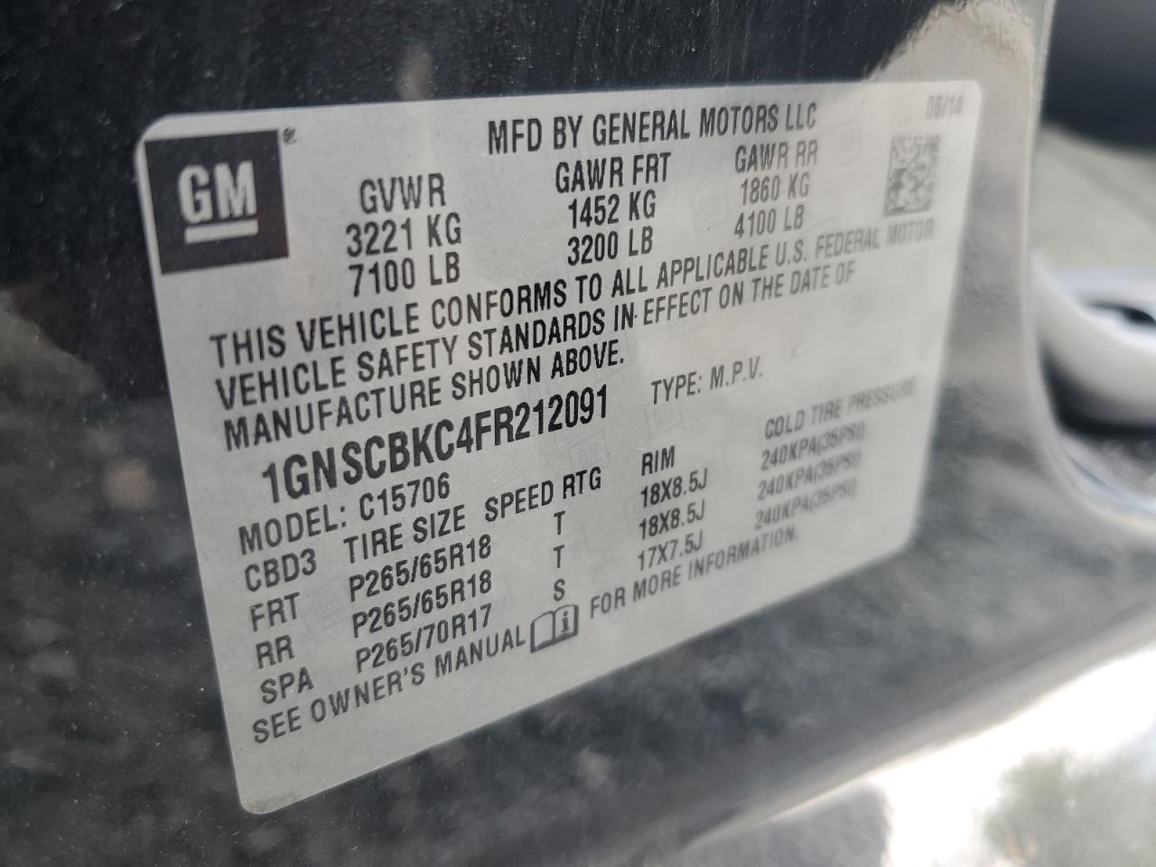 2015 Chevrolet Tahoe C1500 Lt VIN: 1GNSCBKC4FR212091 Lot: 61695394