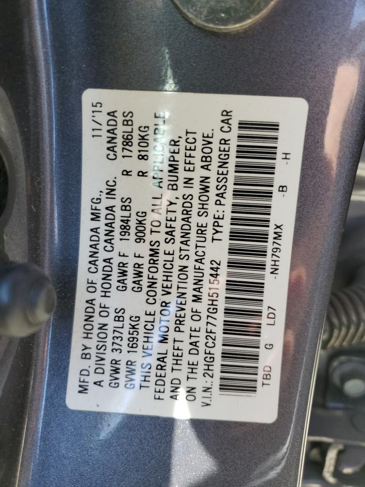 2HGFC2F77GH515442 2016 Honda Civic Ex