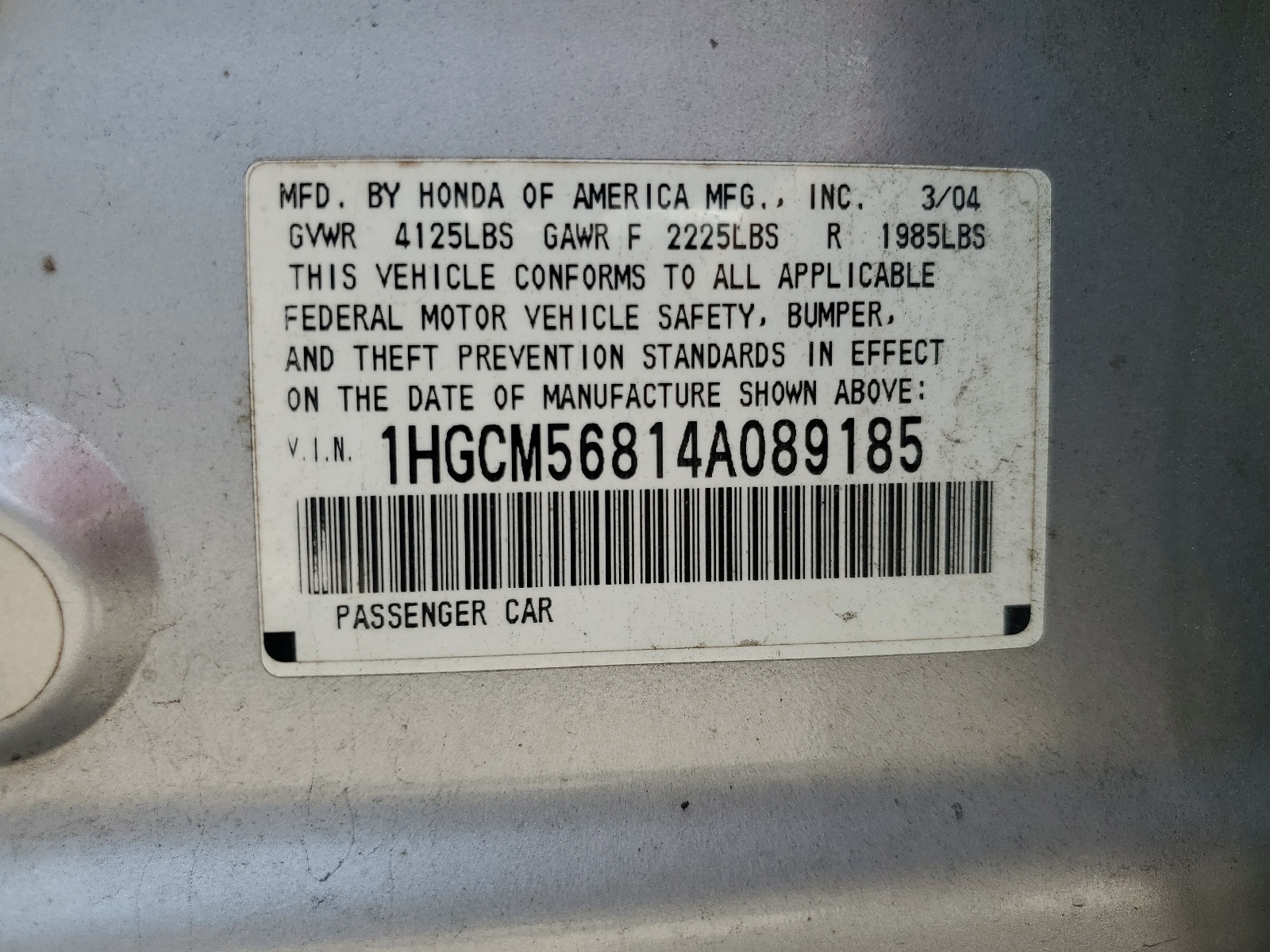 1HGCM56814A089185 2004 Honda Accord Ex