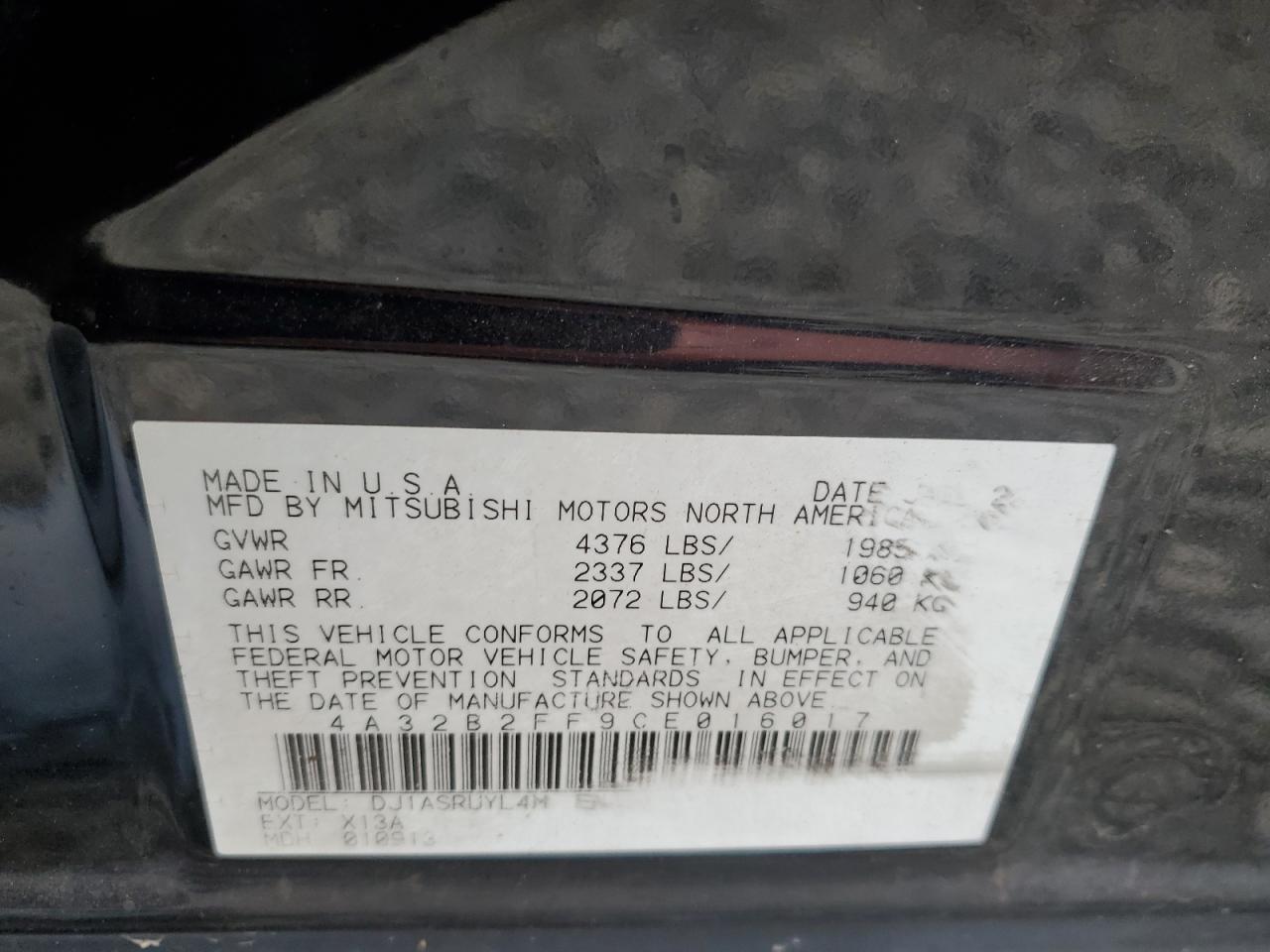 2012 Mitsubishi Galant Fe VIN: 4A32B2FF9CE016017 Lot: 64018934