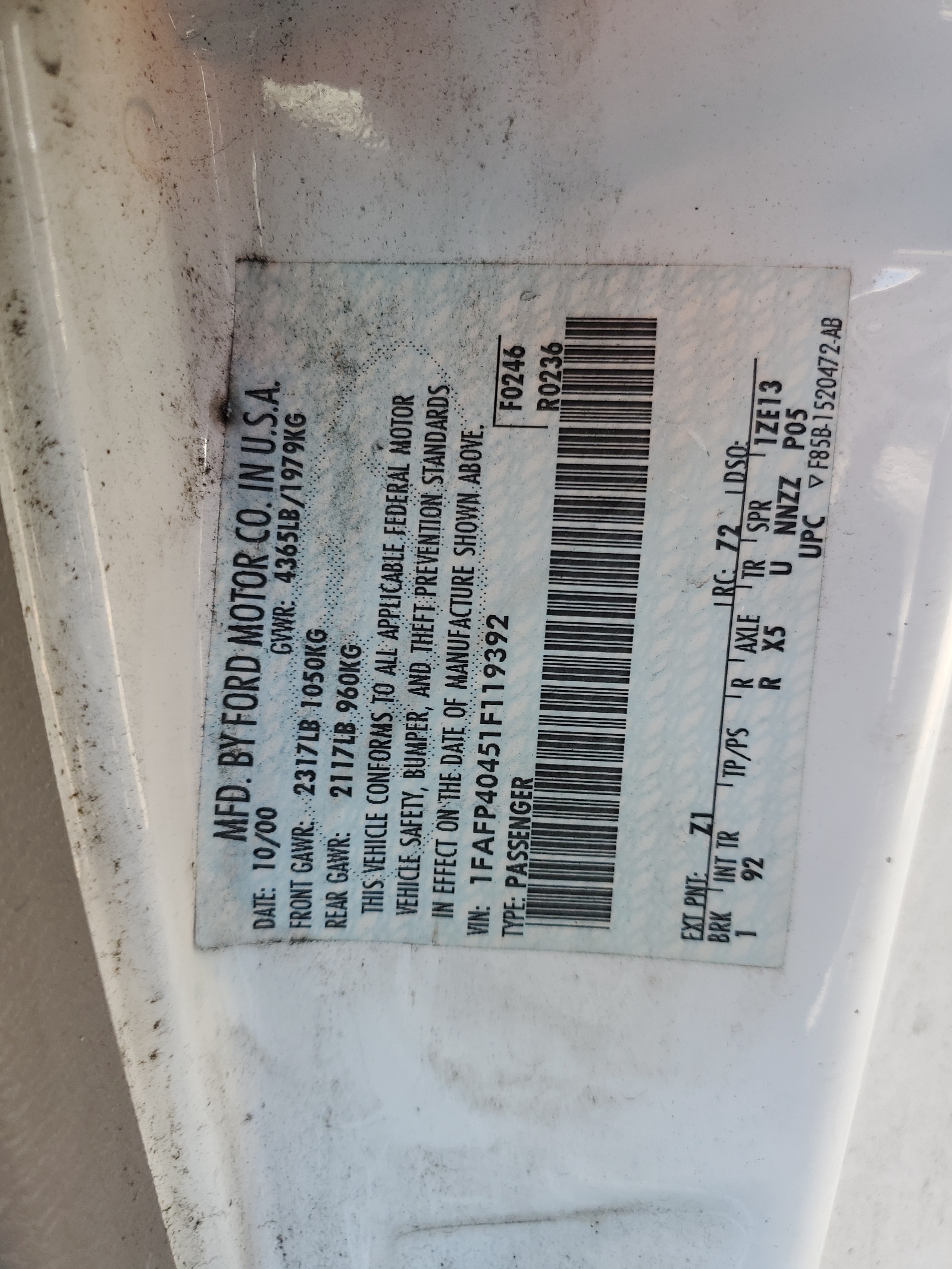 1FAFP40451F119392 2001 Ford Mustang