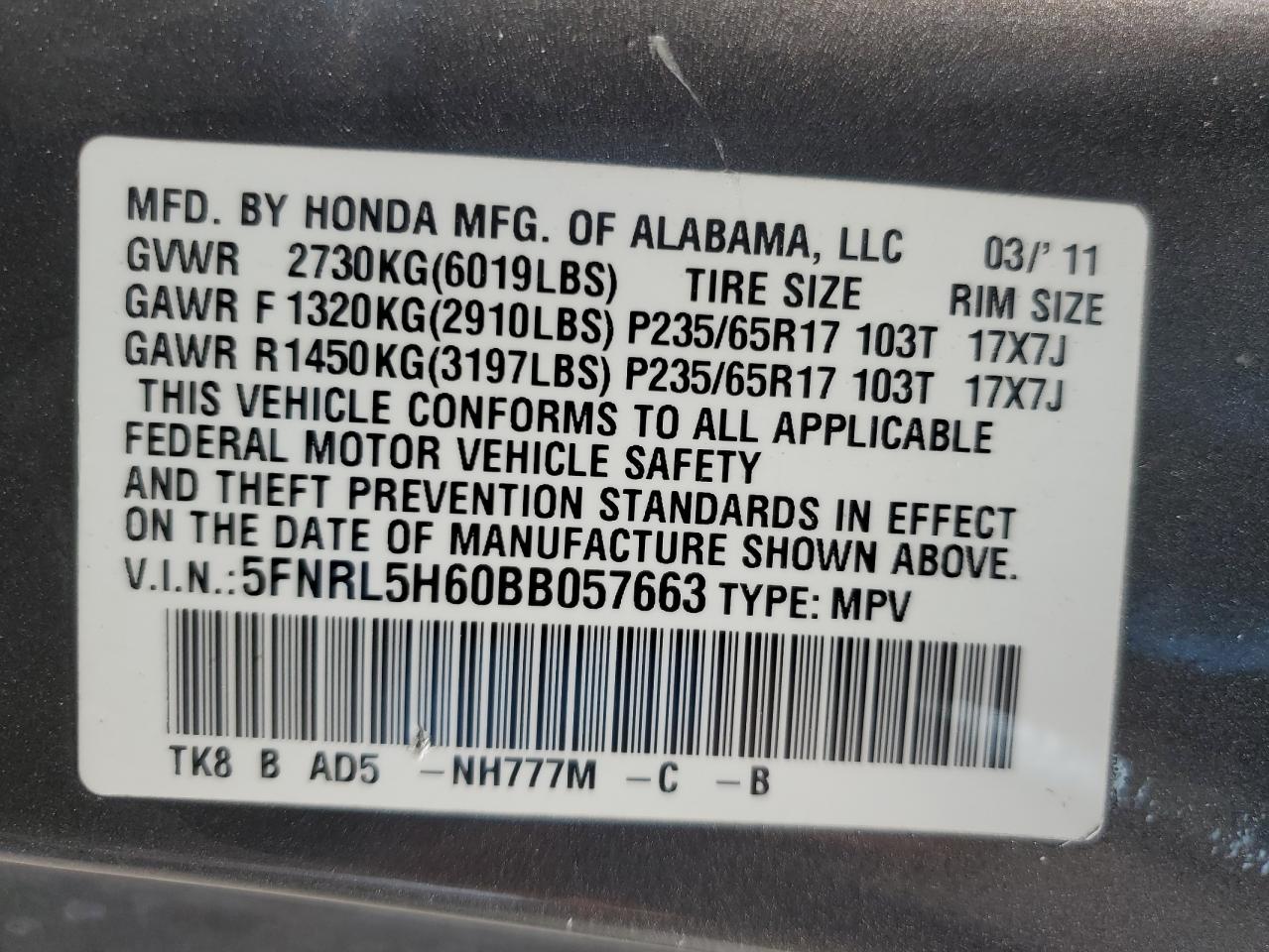 2011 Honda Odyssey Exl VIN: 5FNRL5H60BB057663 Lot: 63041144