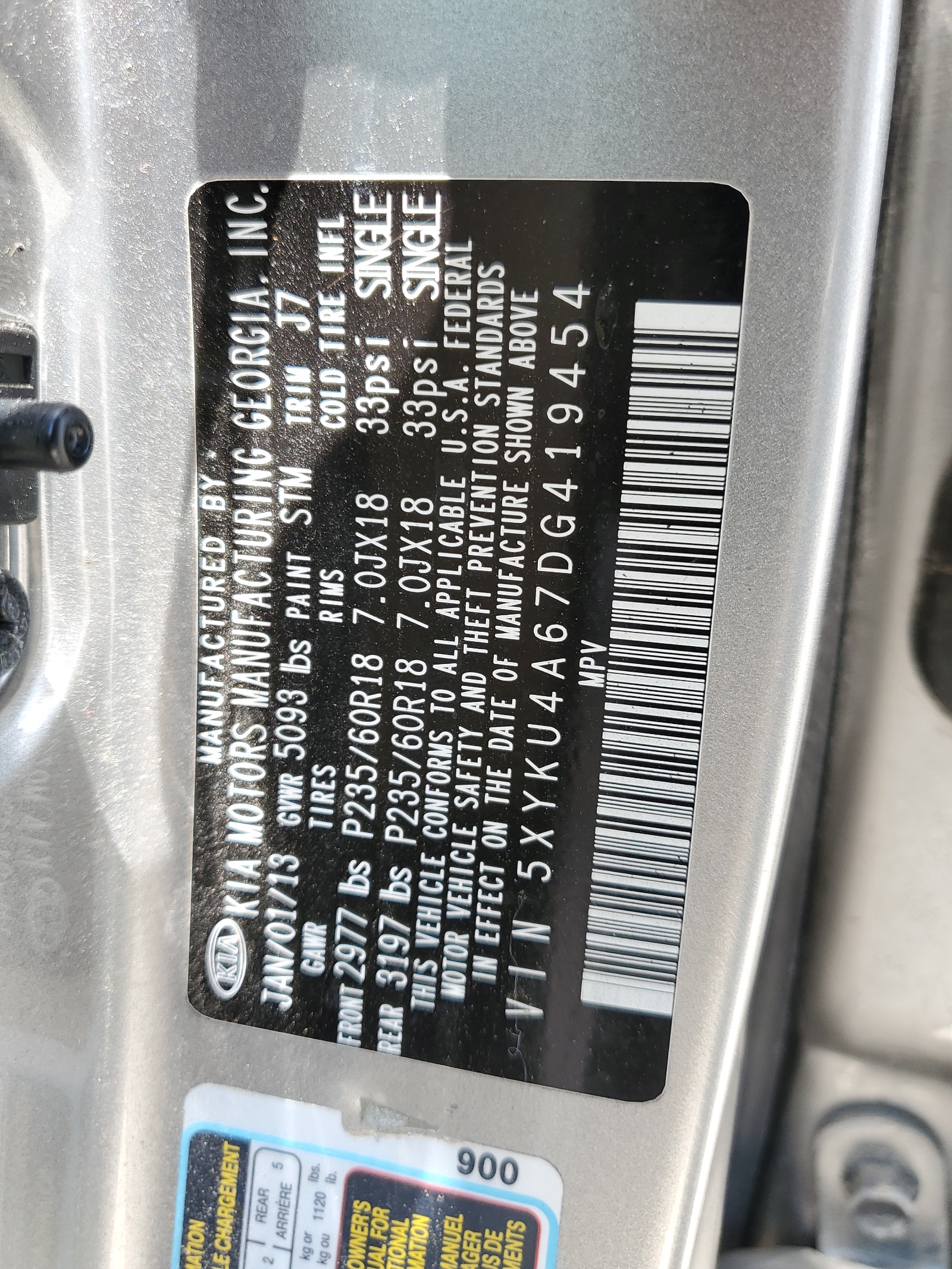 5XYKU4A67DG419454 2013 Kia Sorento Ex