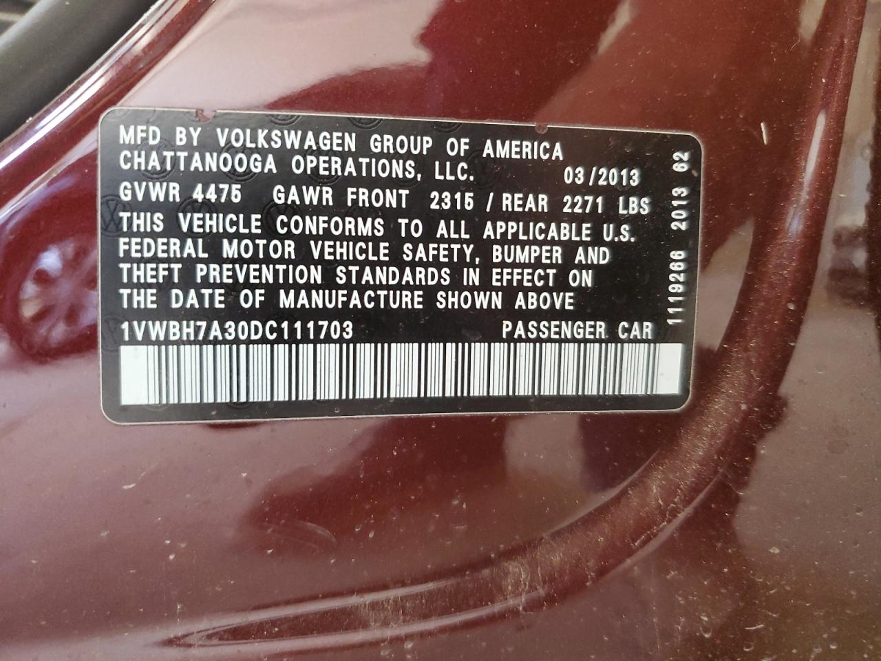 2013 Volkswagen Passat Se VIN: 1VWBH7A30DC111703 Lot: 60109244