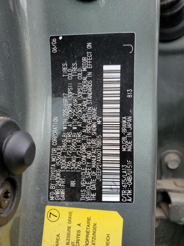 2006 Toyota Highlander Limited VIN: JTEEP21AX60178815 Lot: 61140254