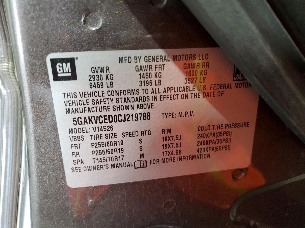 2012 Buick Enclave VIN: 5GAKVCED0CJ219788 Lot: 64161964