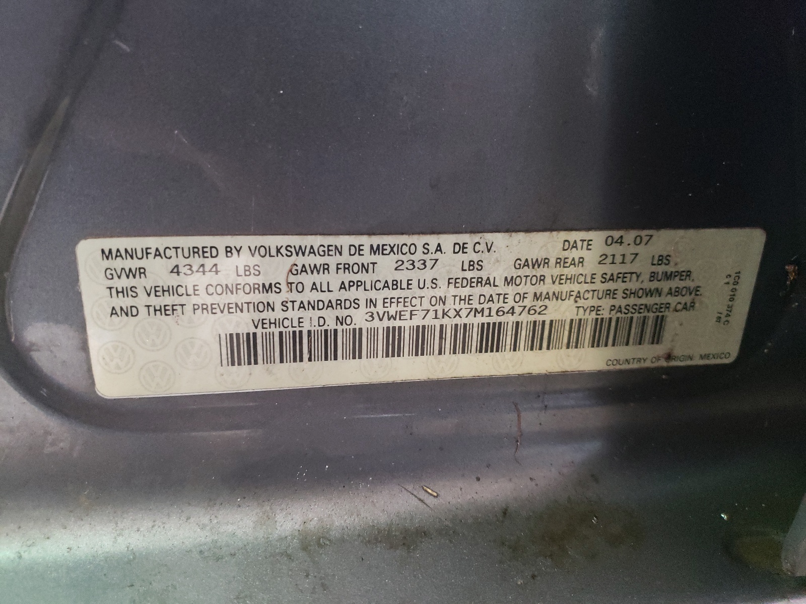 3VWEF71KX7M164762 2007 Volkswagen Jetta Wolfsburg