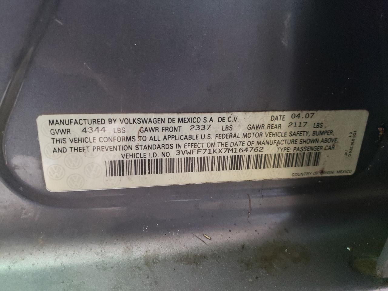 2007 Volkswagen Jetta Wolfsburg VIN: 3VWEF71KX7M164762 Lot: 64737334
