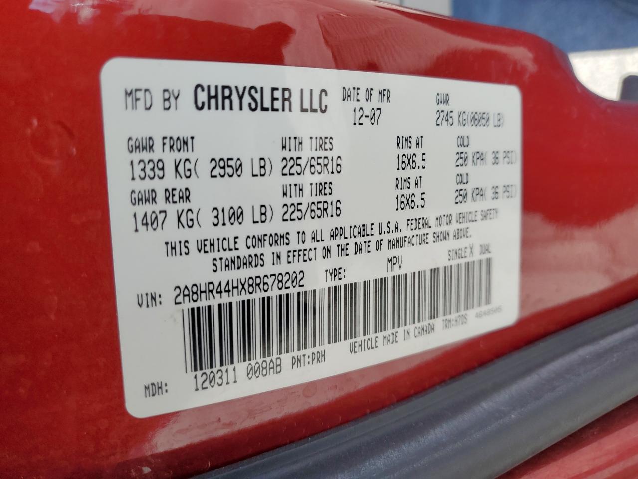 2008 Chrysler Town & Country Lx VIN: 2A8HR44HX8R678202 Lot: 65680574