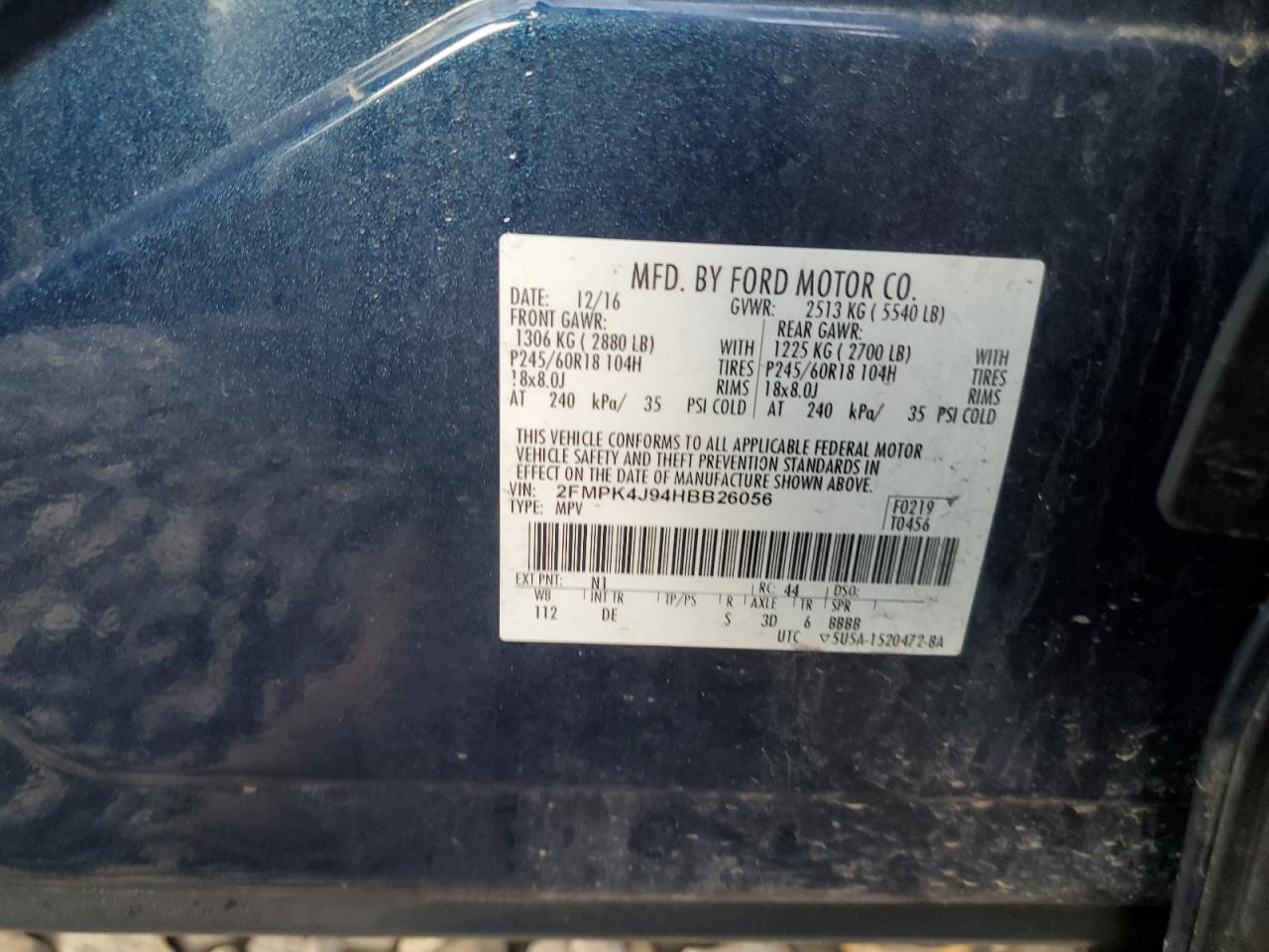 2017 Ford Edge Sel VIN: 2FMPK4J94HBB26056 Lot: 61829904