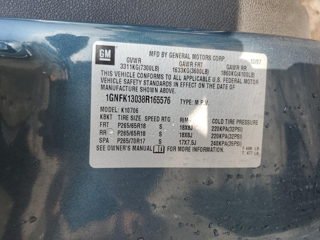 2008 Chevrolet Tahoe K1500 VIN: 1GNFK13038R165576 Lot: 63460764