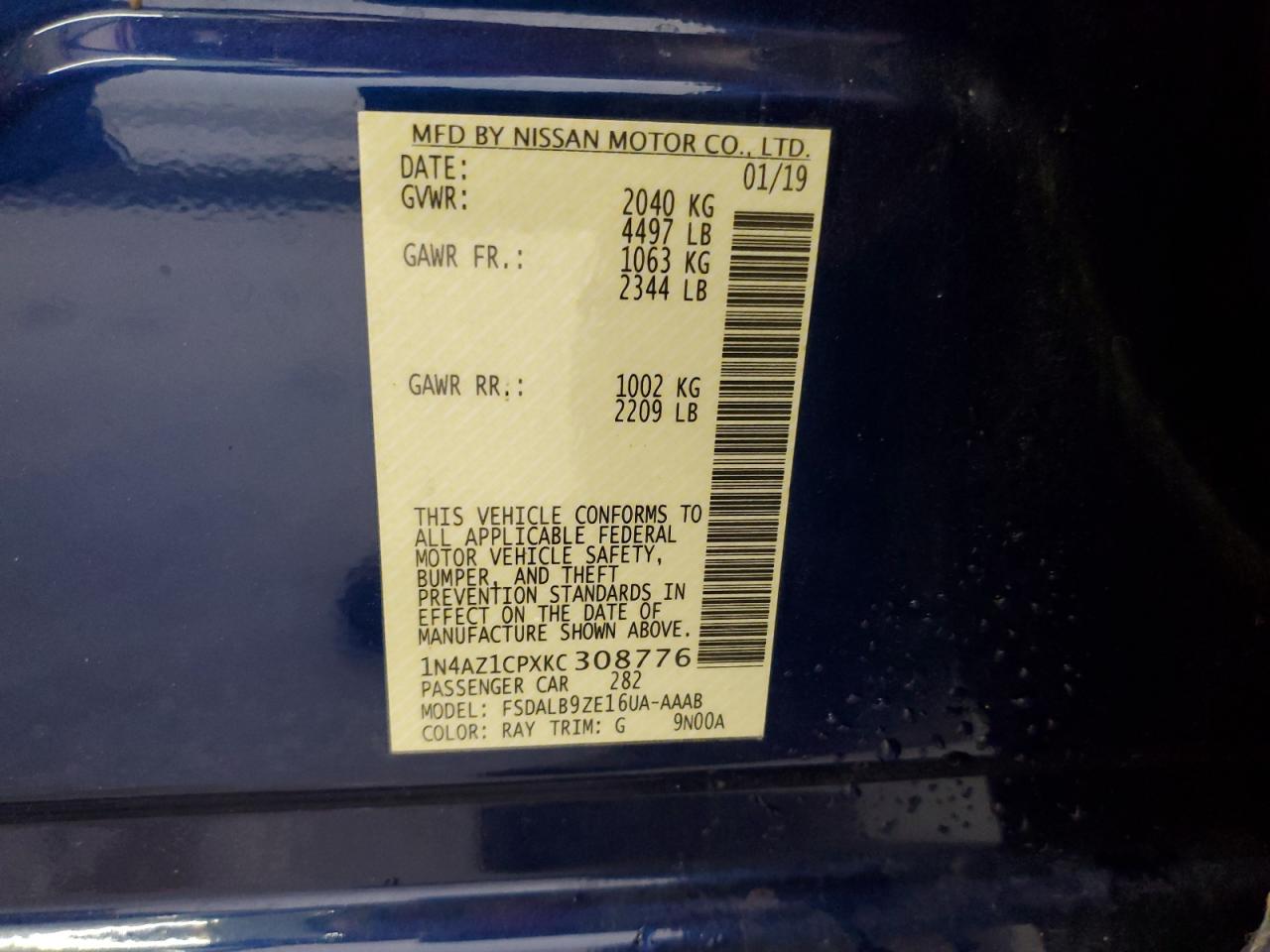 2019 Nissan Leaf S VIN: 1N4AZ1CPXKC308776 Lot: 61792254