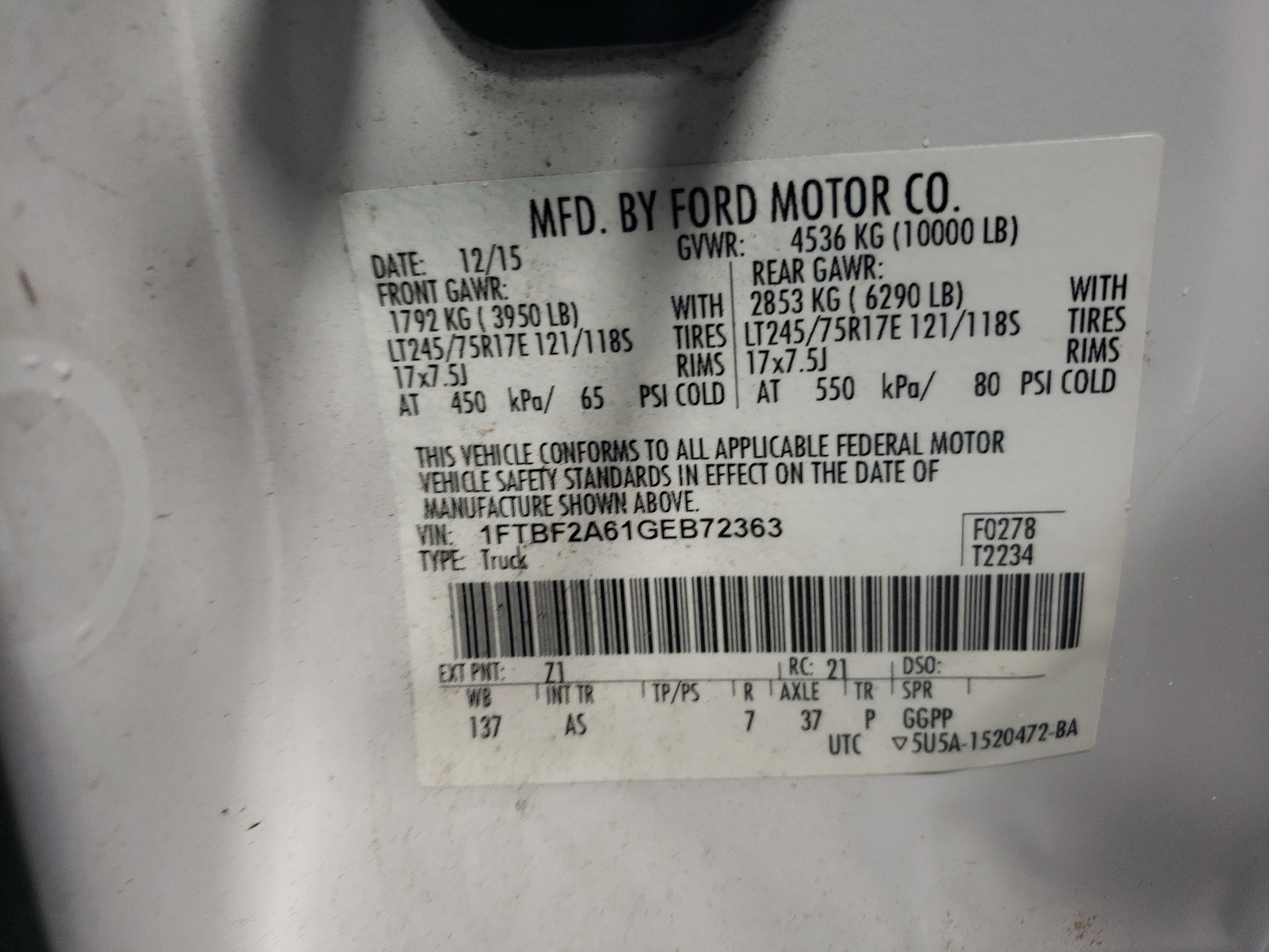 1FTBF2A61GEB72363 2016 Ford F250 Super Duty