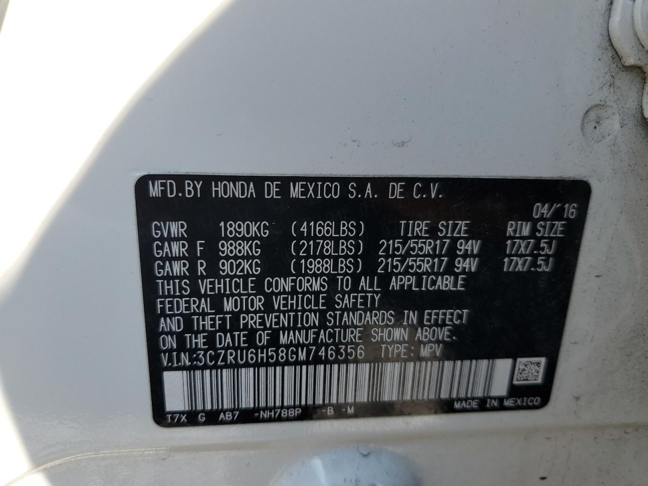 2016 Honda Hr-V Ex VIN: 3CZRU6H58GM746356 Lot: 63517474