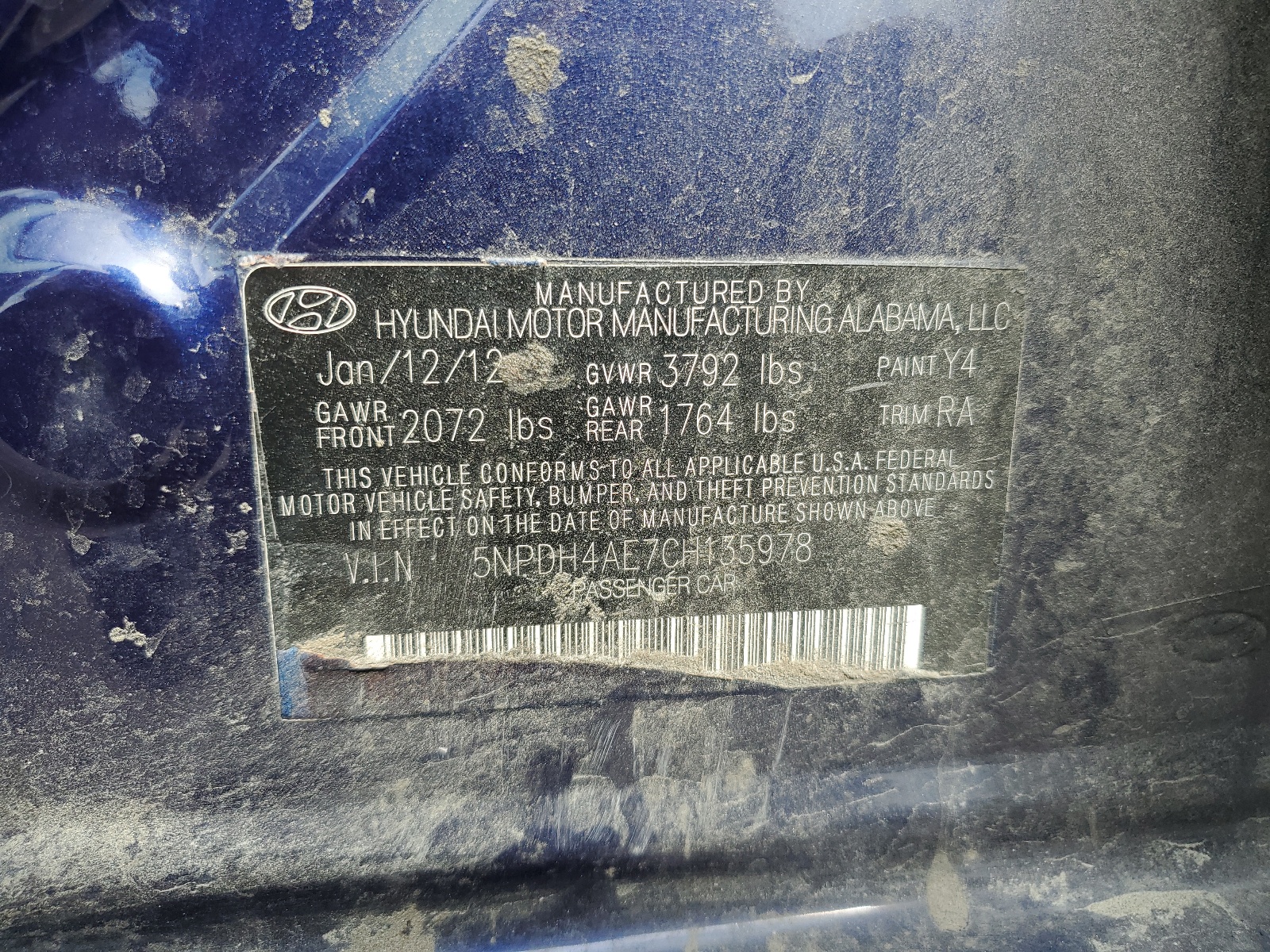 5NPDH4AE7CH135978 2012 Hyundai Elantra Gls