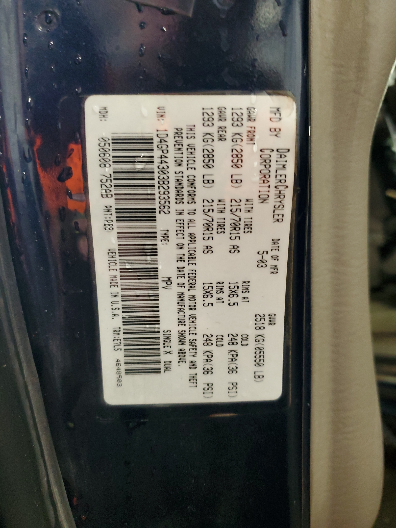 1D4GP44303B293562 2003 Dodge Grand Caravan Sport