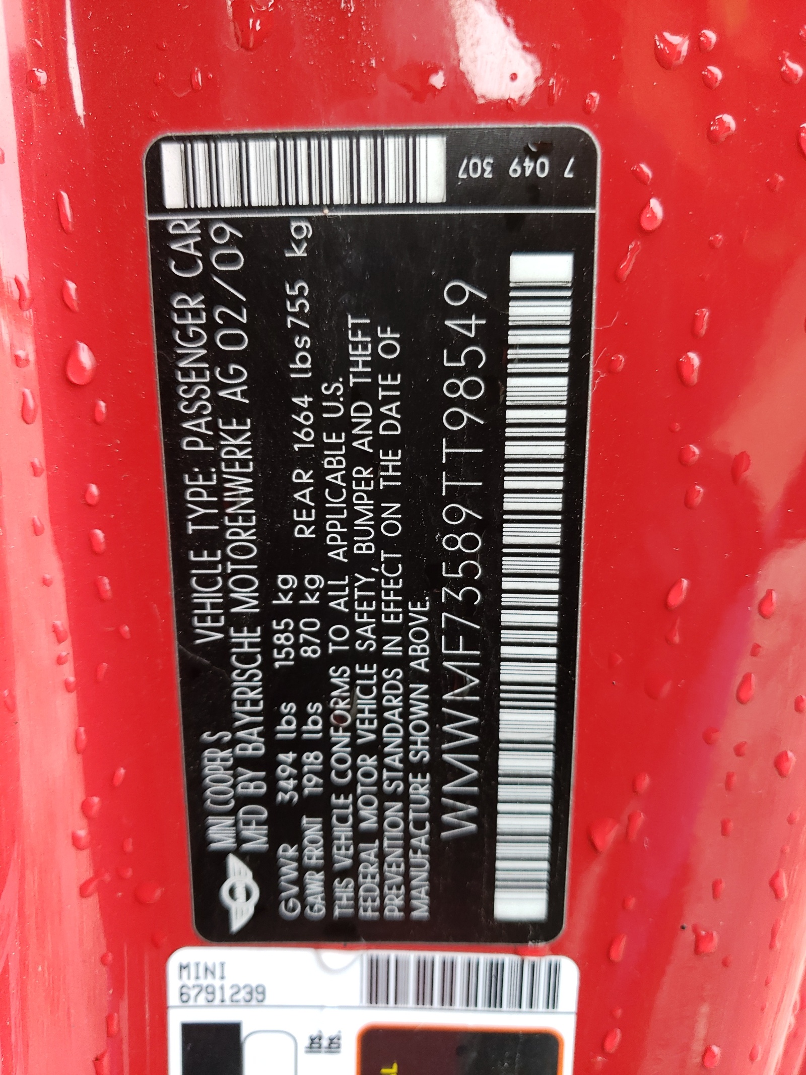 WMWMF73589TT98549 2009 Mini Cooper S